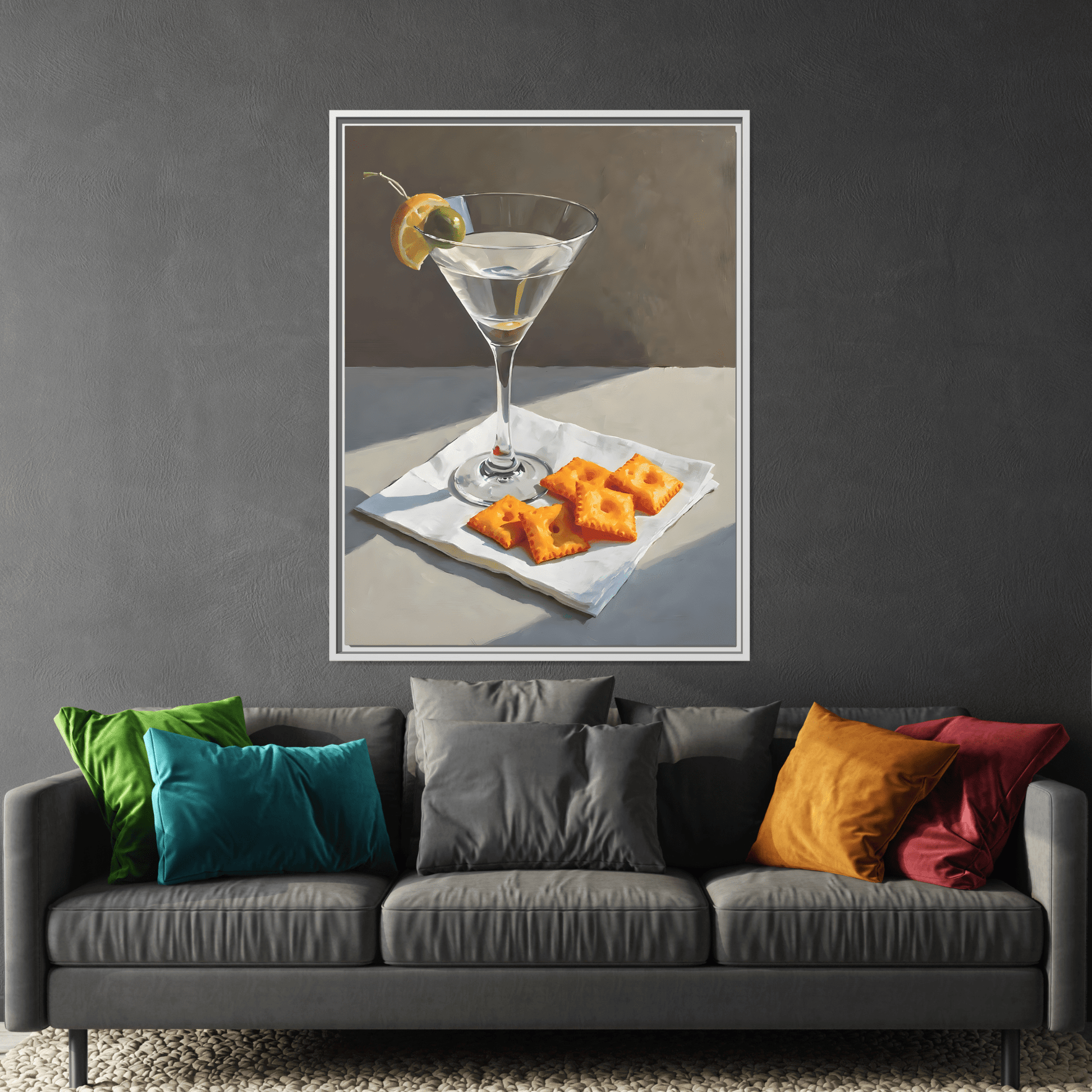 Chic Cocktail Kitchen Wall Art Canvas - Martini and Cheese Crackers Print