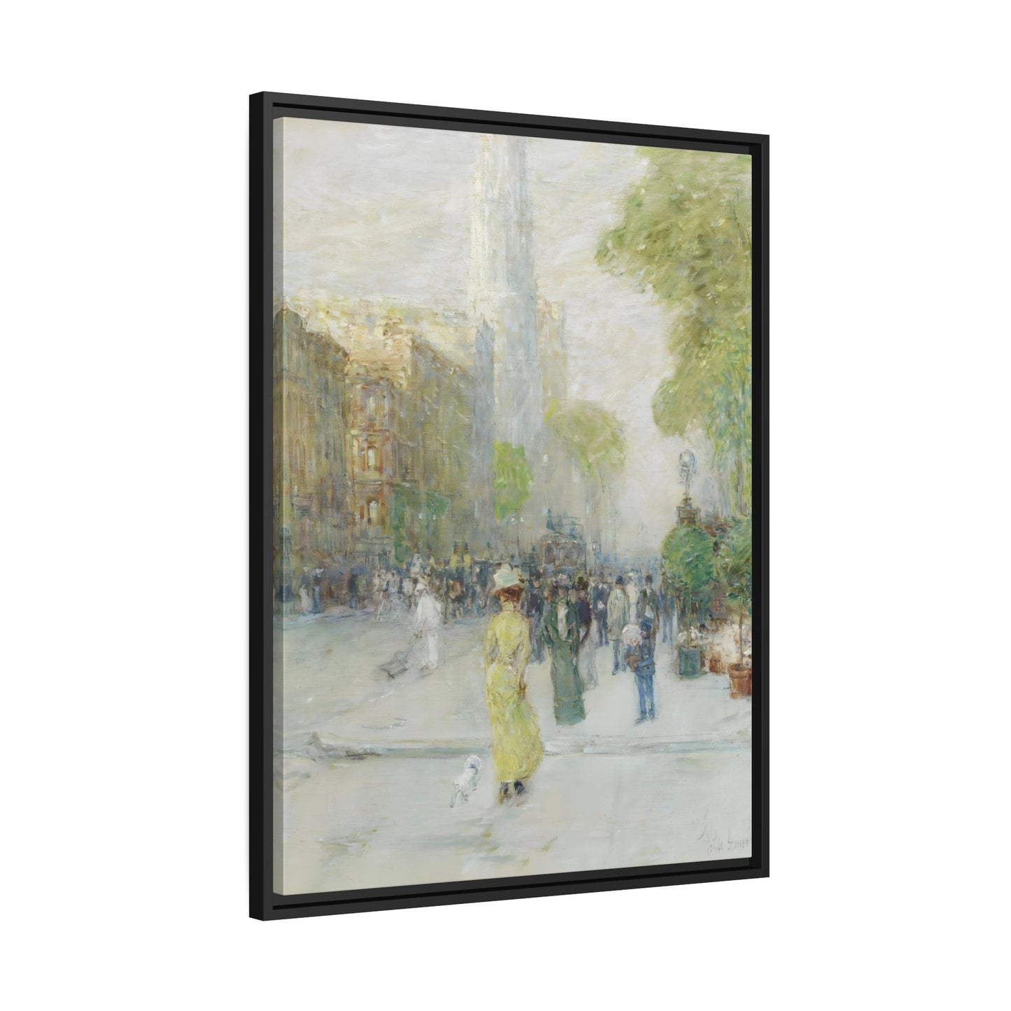 Childe Hassam New York Street - Framed Canvas in Black Pinewood Frame