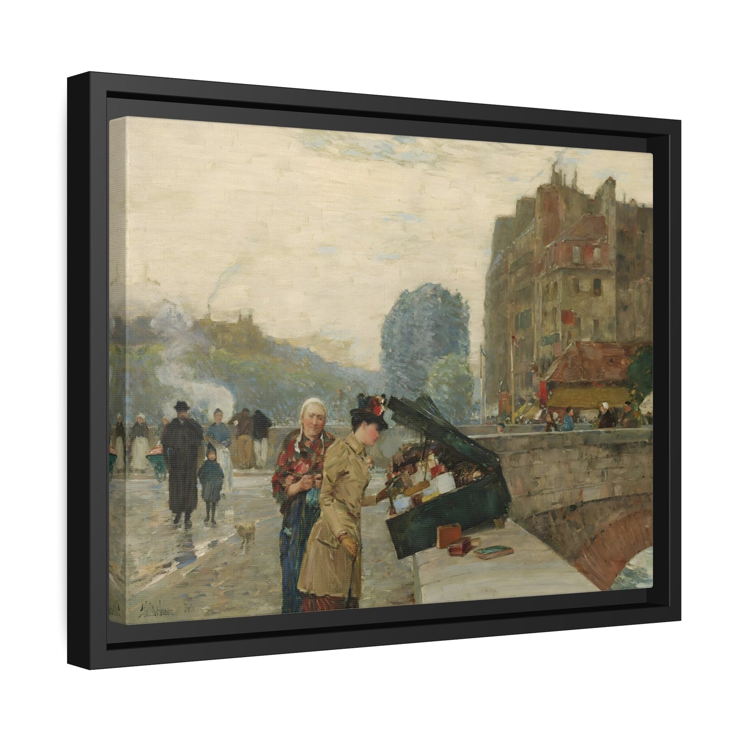 Childe Hassam Quai St. Michel City Landscape - Framed Canvas Wall Art Print in Black Pinewood Frame