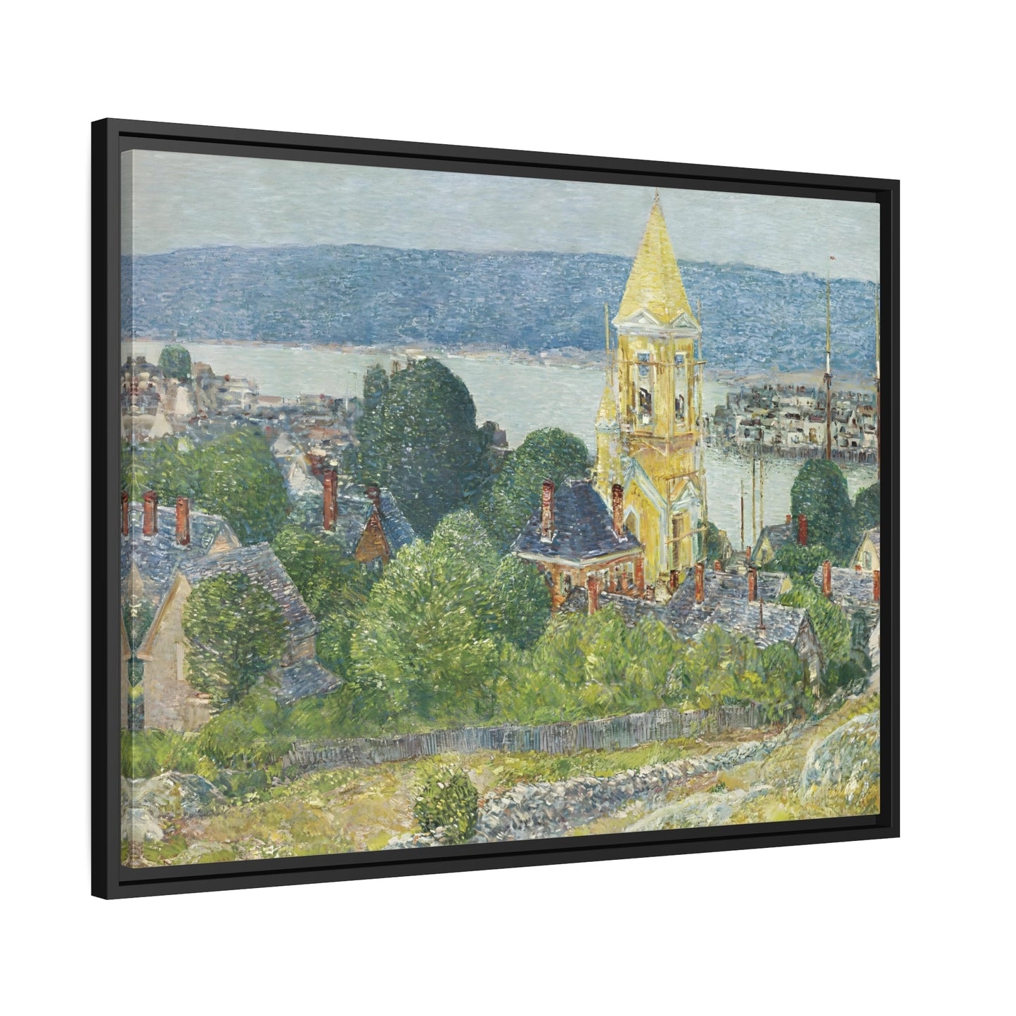 Childe Hassam Shingling the First Baptist Church Gloucester - Framed Canvas Wall Art Print in Black Pinewood Frame