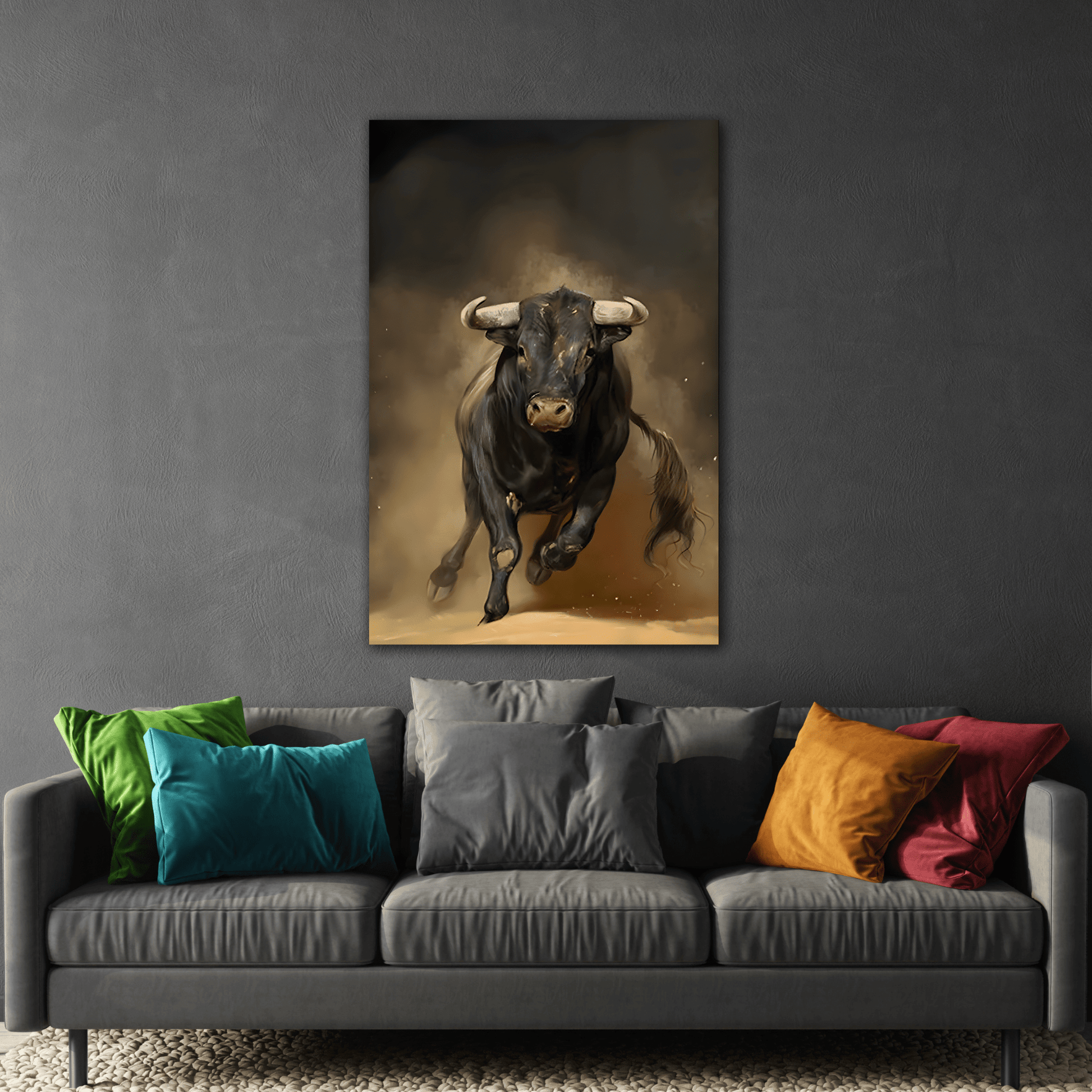 Classical Bull Charging Canvas Print - Large Animal Artwork for Home Decor