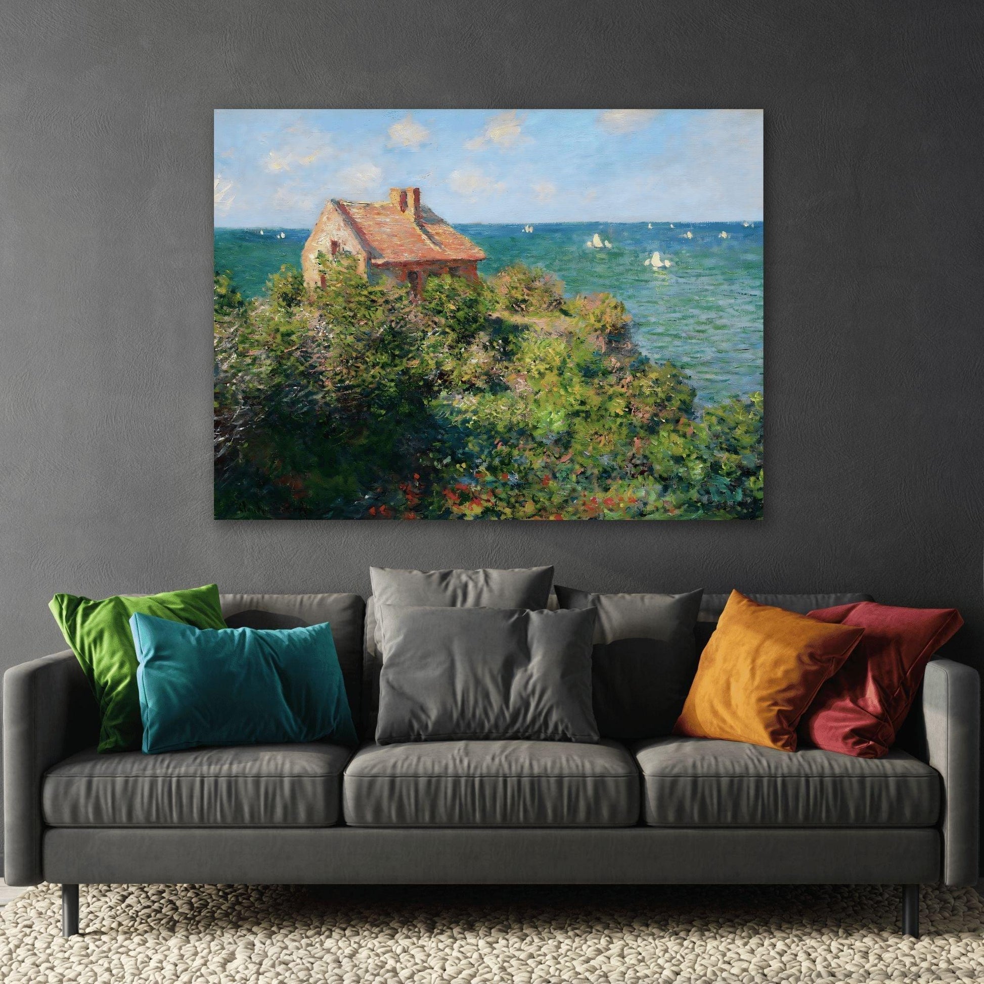 Claude Monet Canvas Wall Art Print - Fishermans Cottage on the Cliffs