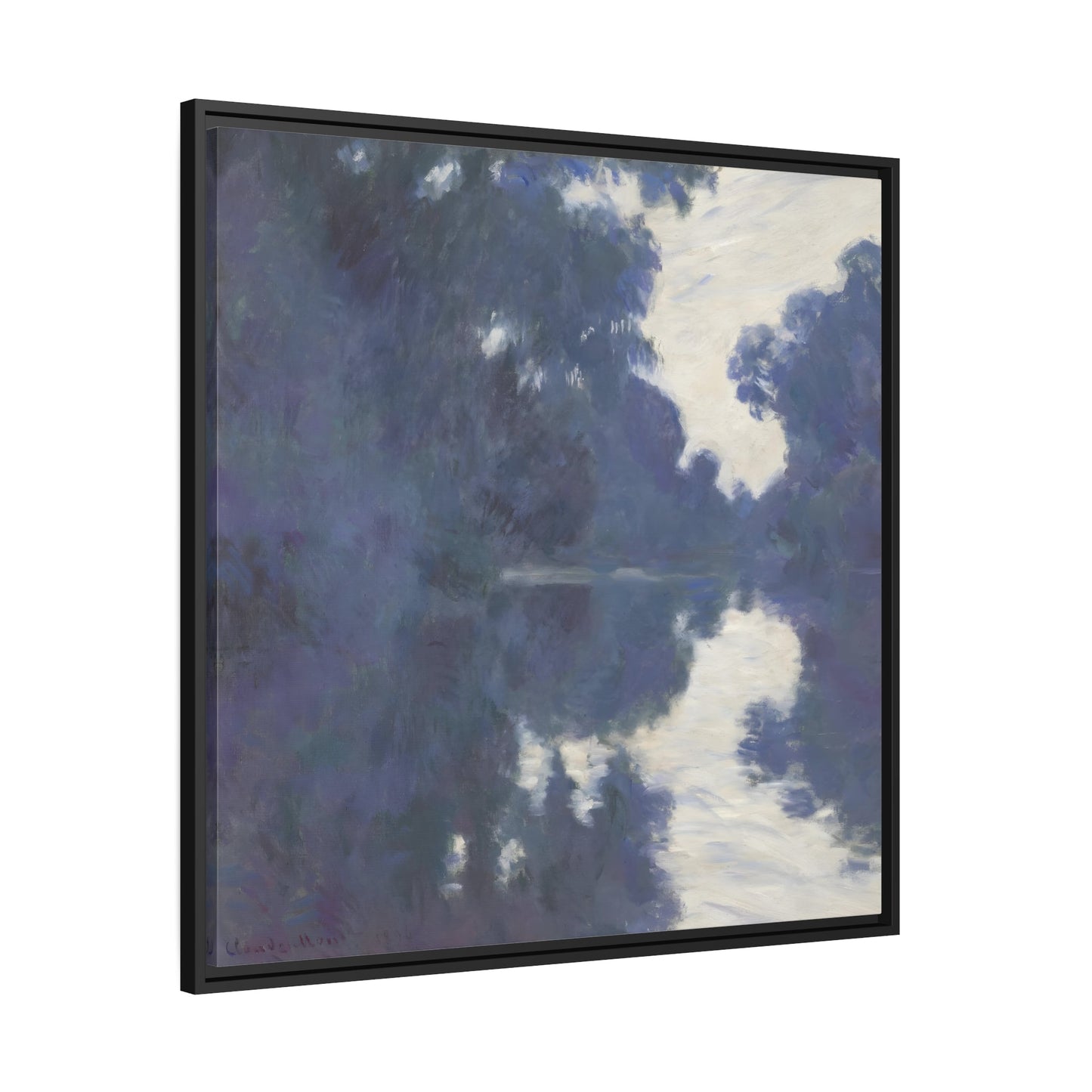 Claude Monet Morning on the Seine - Square Framed Canvas Wall Art Print in Black Frame