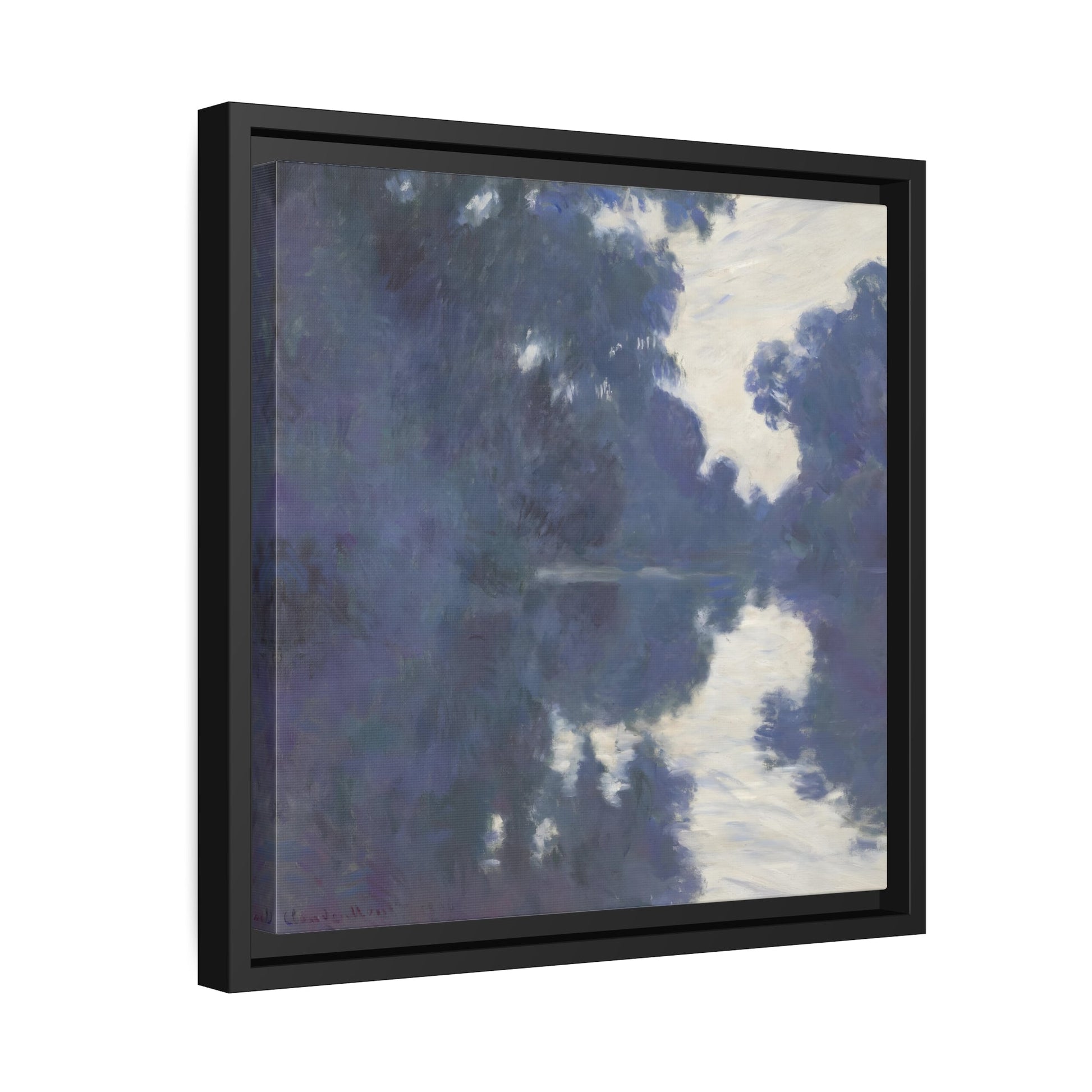 Claude Monet Morning on the Seine - Square Framed Canvas Wall Art Print in Black Frame