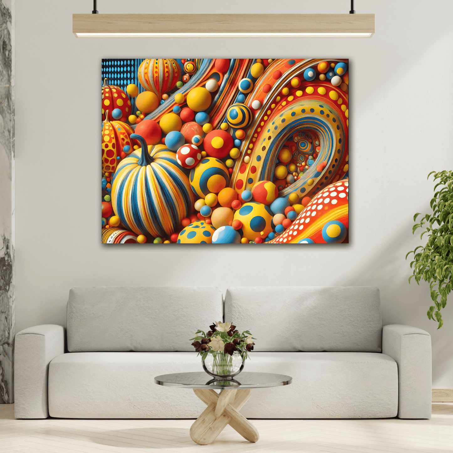 Colorful Japanese Abstract Polka Dot Canvas Wall Art – Kusama Inspired Surreal Print