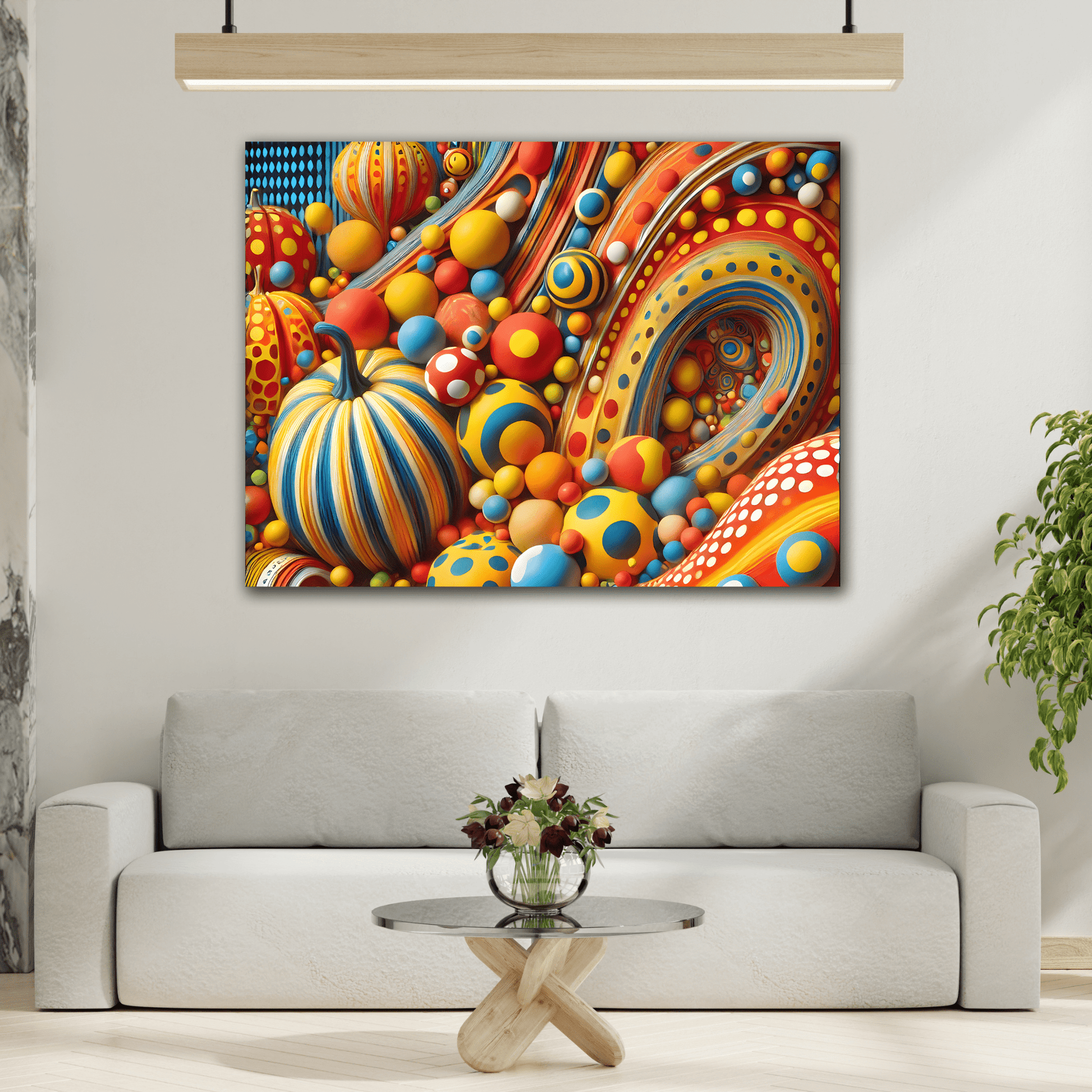 Colorful Japanese Abstract Polka Dot Canvas Wall Art – Kusama Inspired Surreal Print