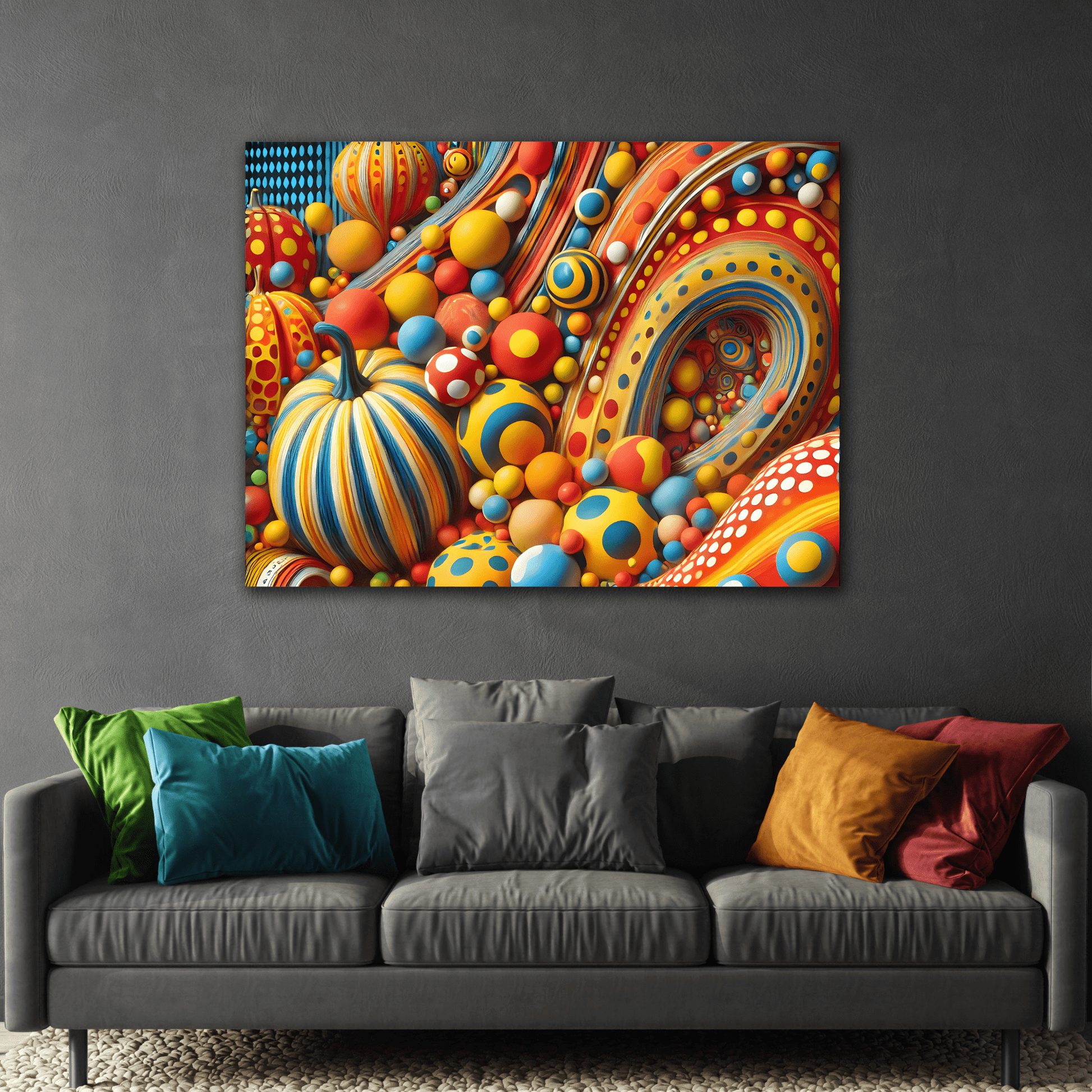 Colorful Japanese Abstract Polka Dot Canvas Wall Art – Kusama Inspired Surreal Print