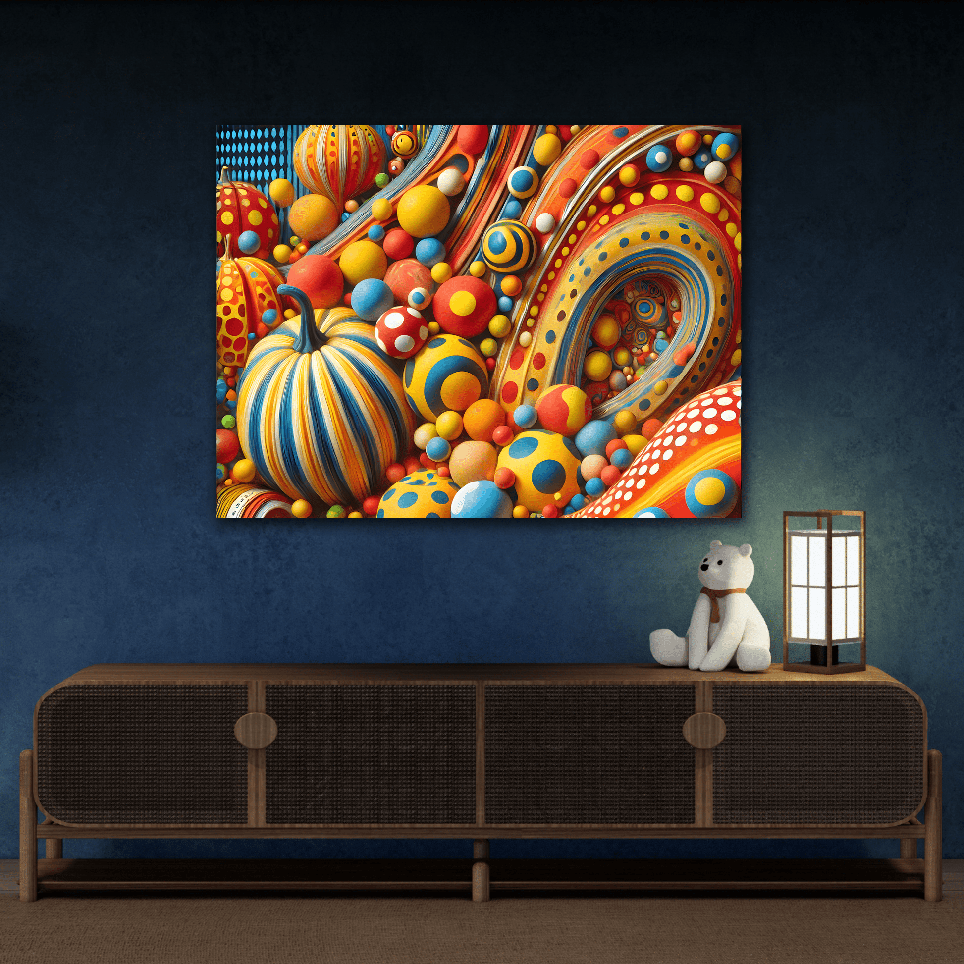 Colorful Japanese Abstract Polka Dot Canvas Wall Art – Kusama Inspired Surreal Print