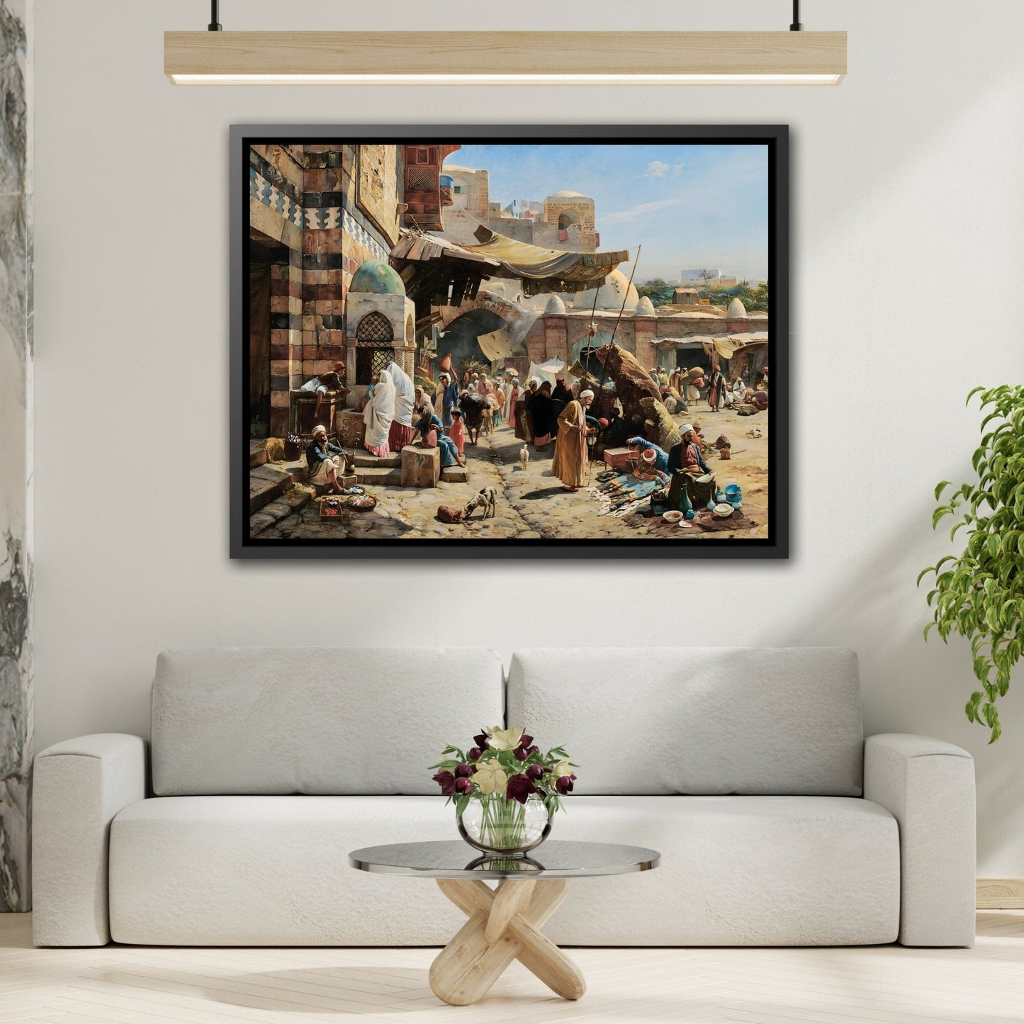 Colorful Mediterranean Landscape Canvas Print - Framed Stretched Wall Art Reproduction in Black Pinewood Frame