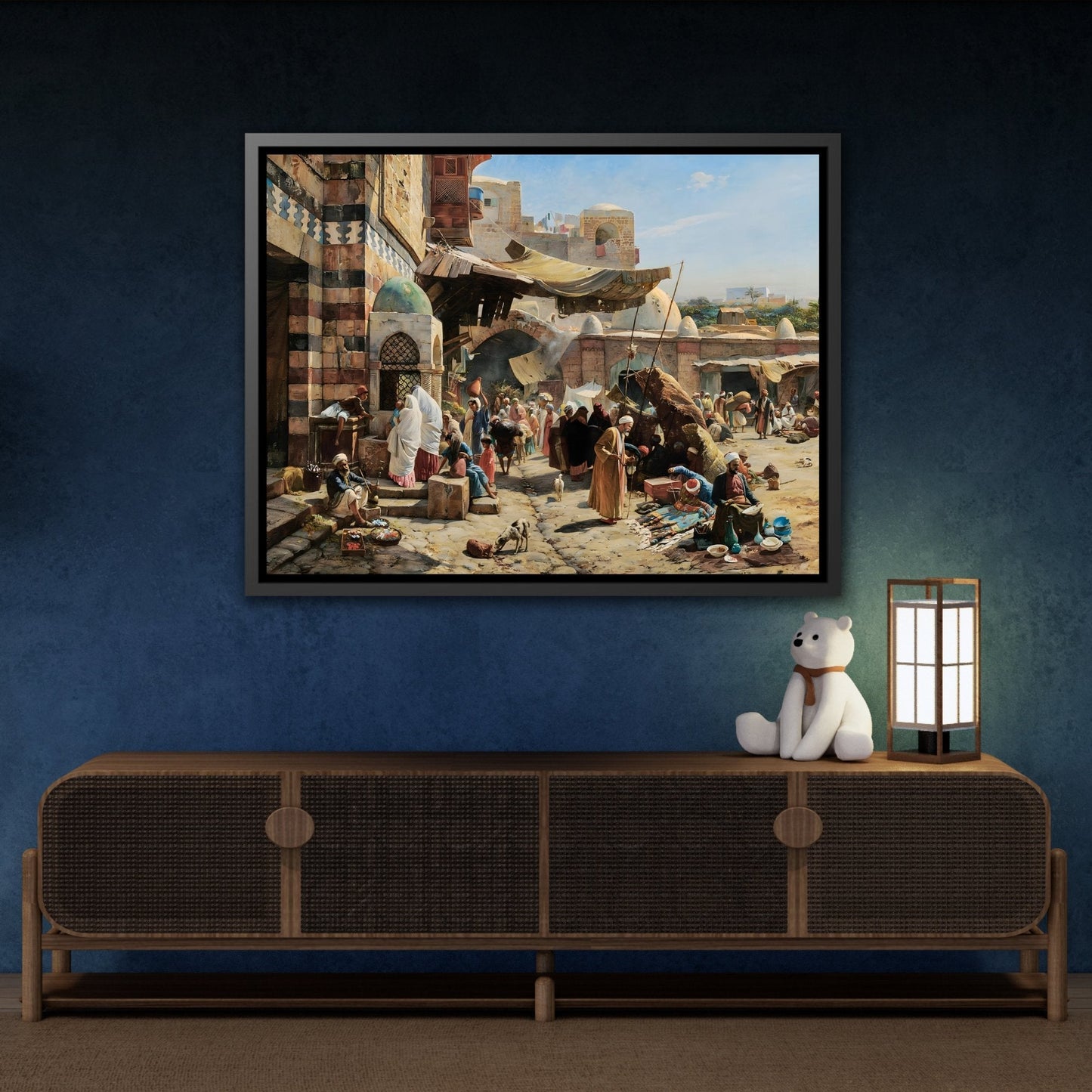 Colorful Mediterranean Landscape Canvas Print - Framed Stretched Wall Art Reproduction in Black Pinewood Frame