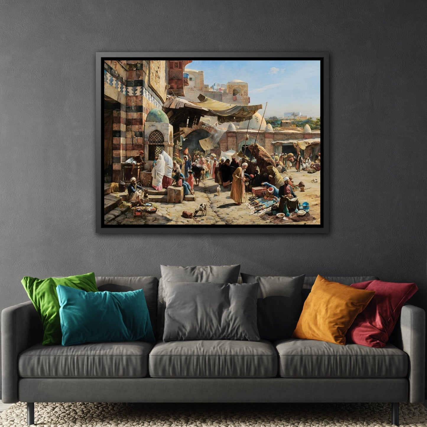Colorful Mediterranean Landscape Canvas Print - Framed Stretched Wall Art Reproduction in Black Pinewood Frame