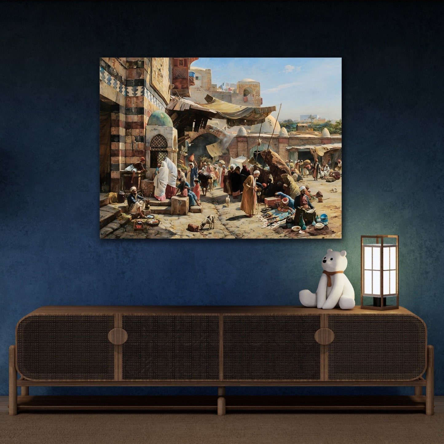 Colorful Mediterranean Market in Israel Landscape - Framed Stretched Canvas Wall Art Print Reproduction