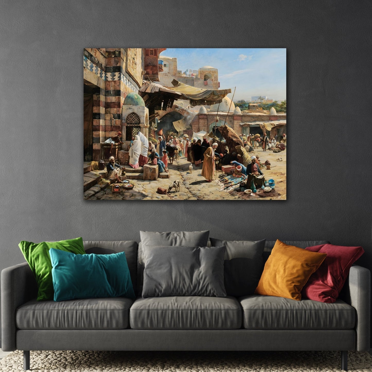 Colorful Mediterranean Market in Israel Landscape - Framed Stretched Canvas Wall Art Print Reproduction