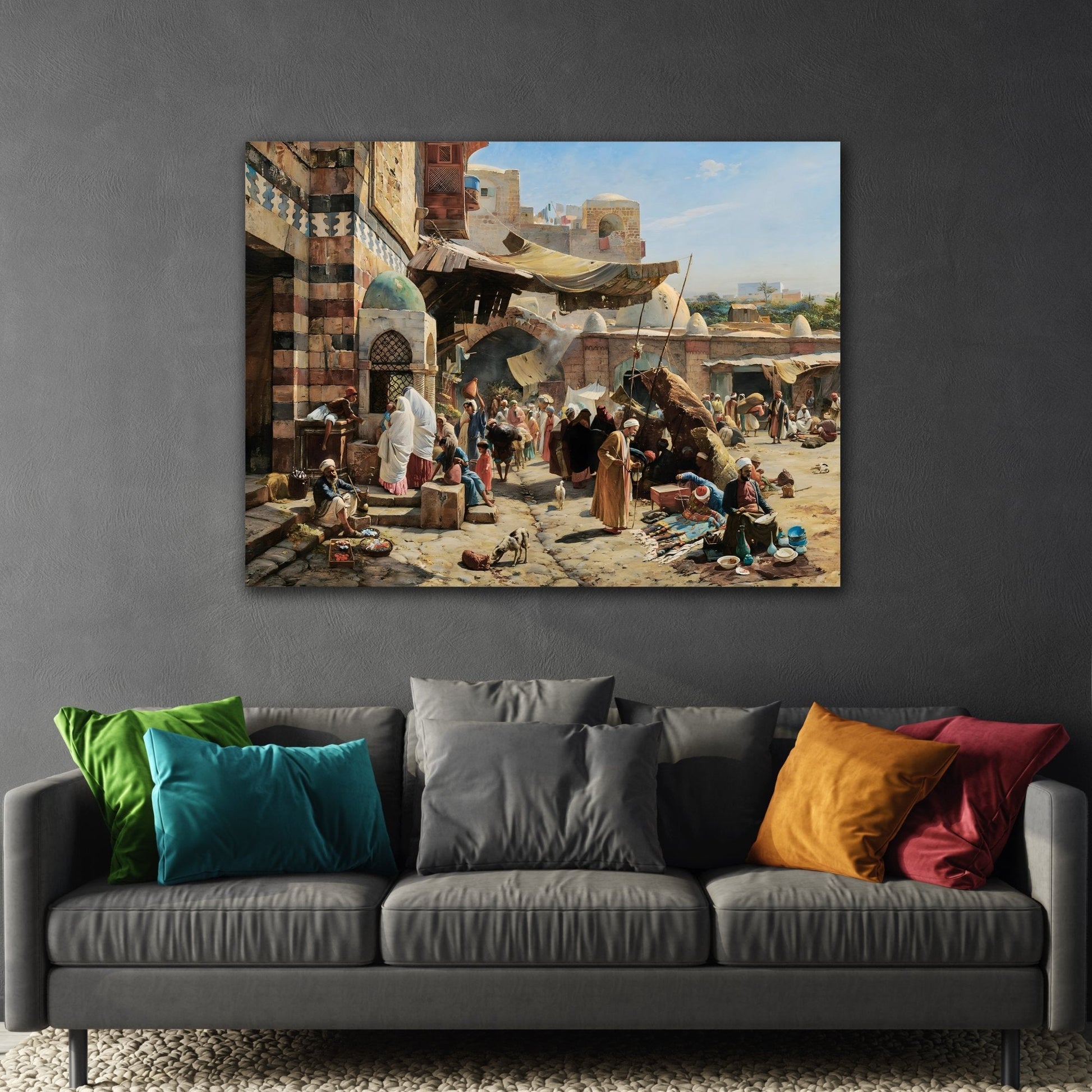 Colorful Mediterranean Market in Israel Landscape - Framed Stretched Canvas Wall Art Print Reproduction