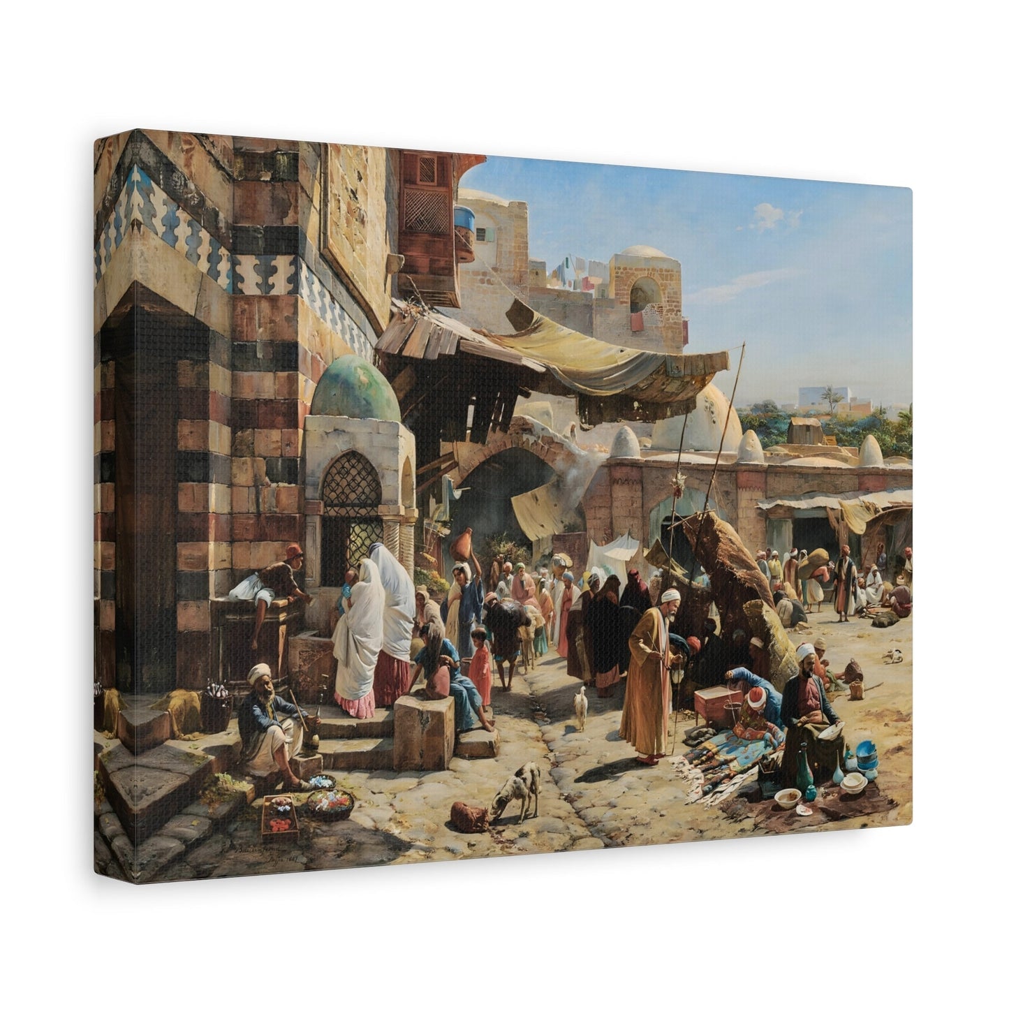 Colorful Mediterranean Market in Israel Landscape - Framed Stretched Canvas Wall Art Print Reproduction