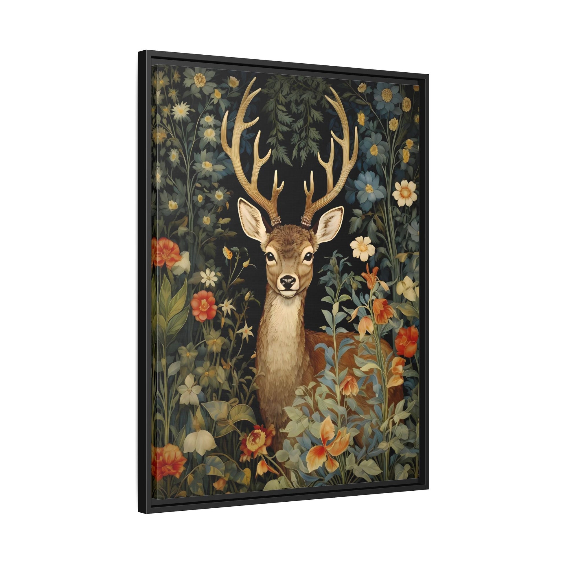 Deer in Floral Nature Forest Canvas - Framed Animal Wall Art Painting Prints