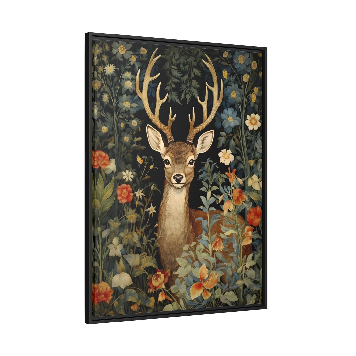 Deer in Floral Nature Forest Canvas - Framed Animal Wall Art Painting Prints
