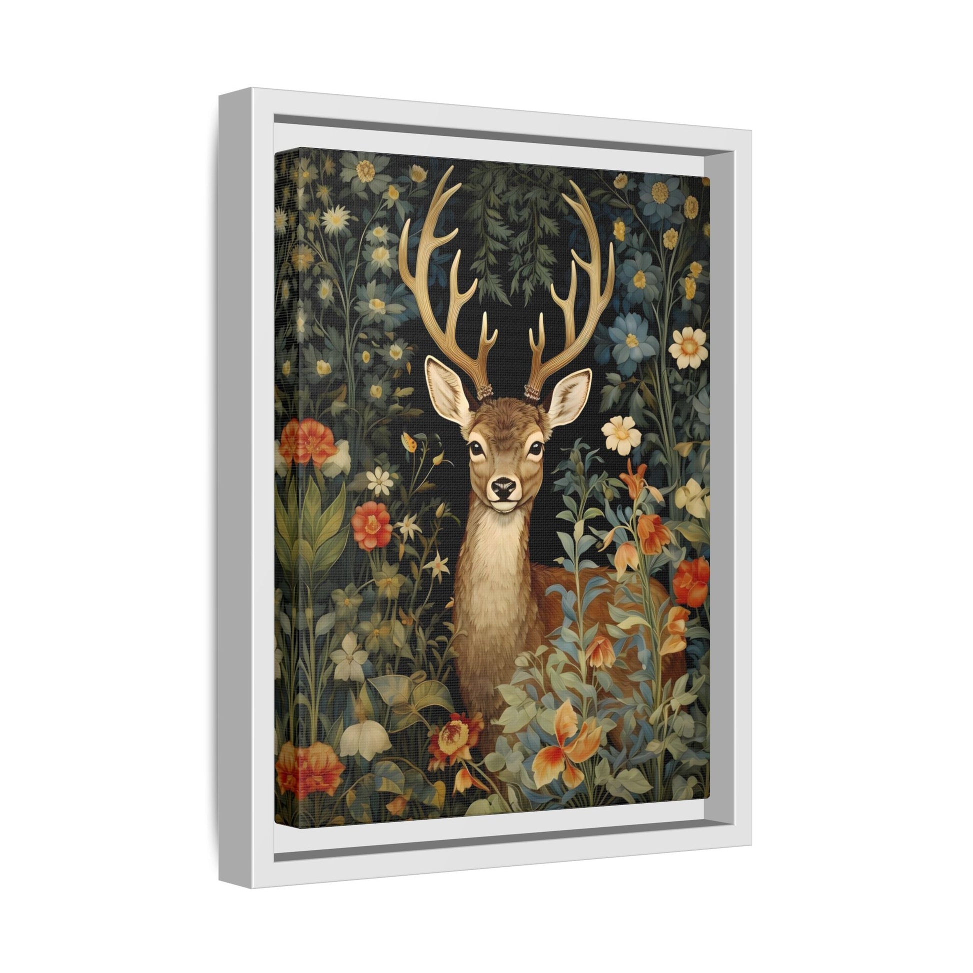 Deer in Floral Nature Forest Canvas - Framed Animal Wall Art Painting Prints