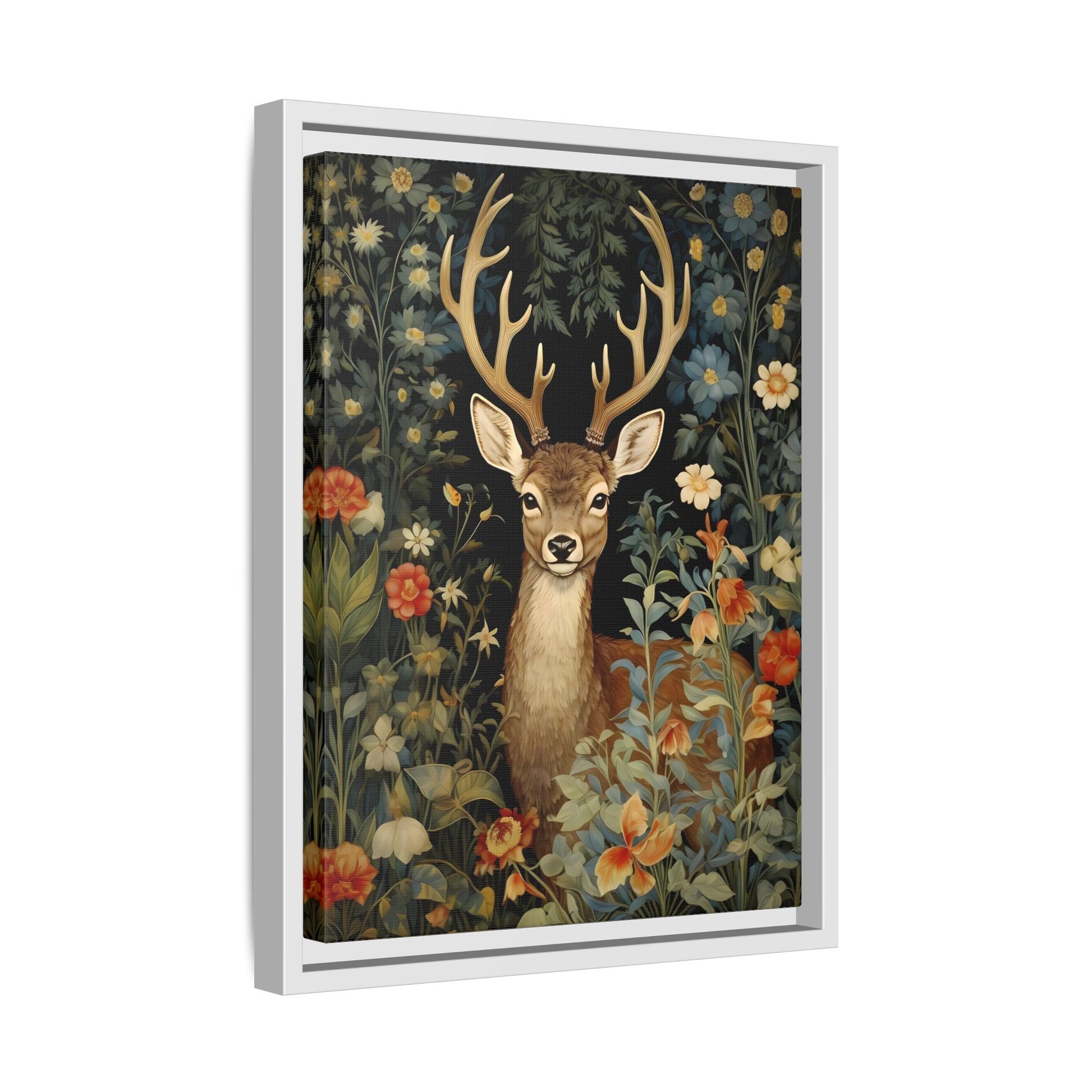 Deer in Floral Nature Forest Canvas - Framed Animal Wall Art Painting Prints