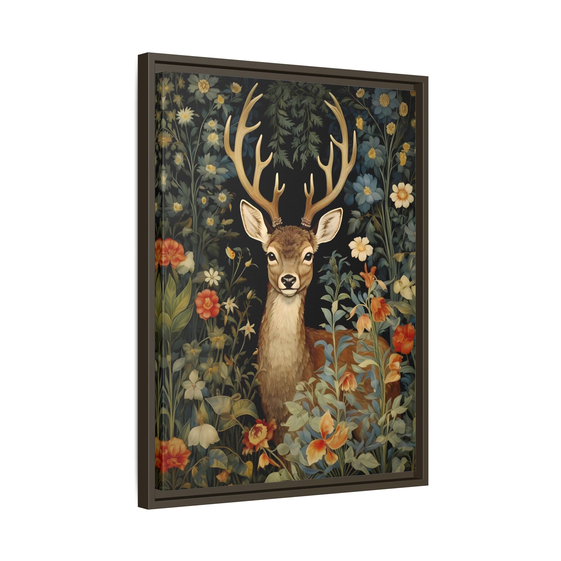 Deer in Floral Nature Forest Canvas - Framed Animal Wall Art Painting Prints