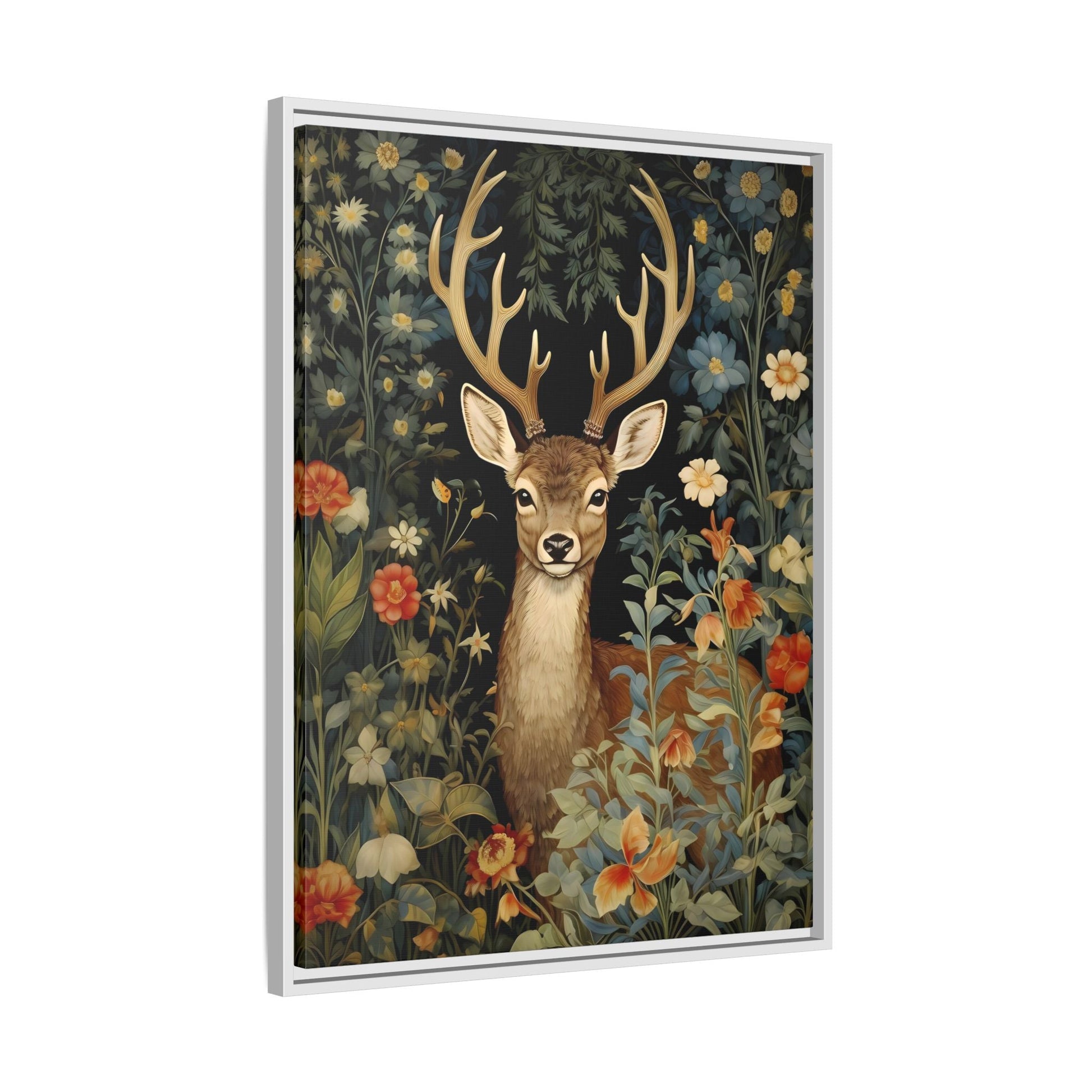 Deer in Floral Nature Forest Canvas - Framed Animal Wall Art Painting Prints
