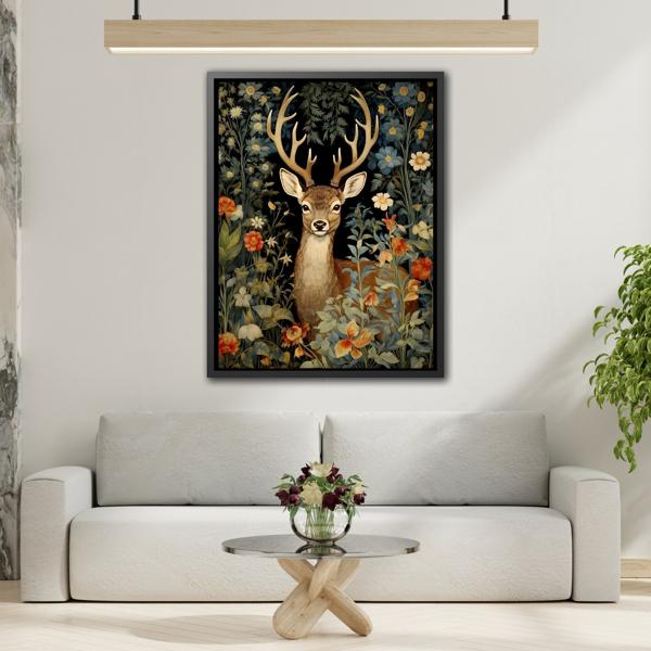 Deer in Floral Nature Forest Canvas - Framed Animal Wall Art Painting Prints