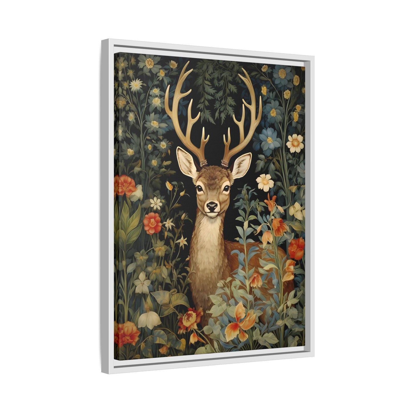 Deer in Floral Nature Forest Canvas - Framed Animal Wall Art Painting Prints