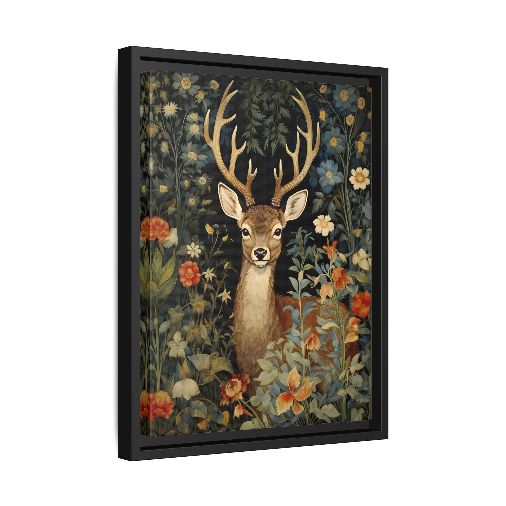 Deer in Floral Nature Forest Canvas - Framed Animal Wall Art Painting Prints