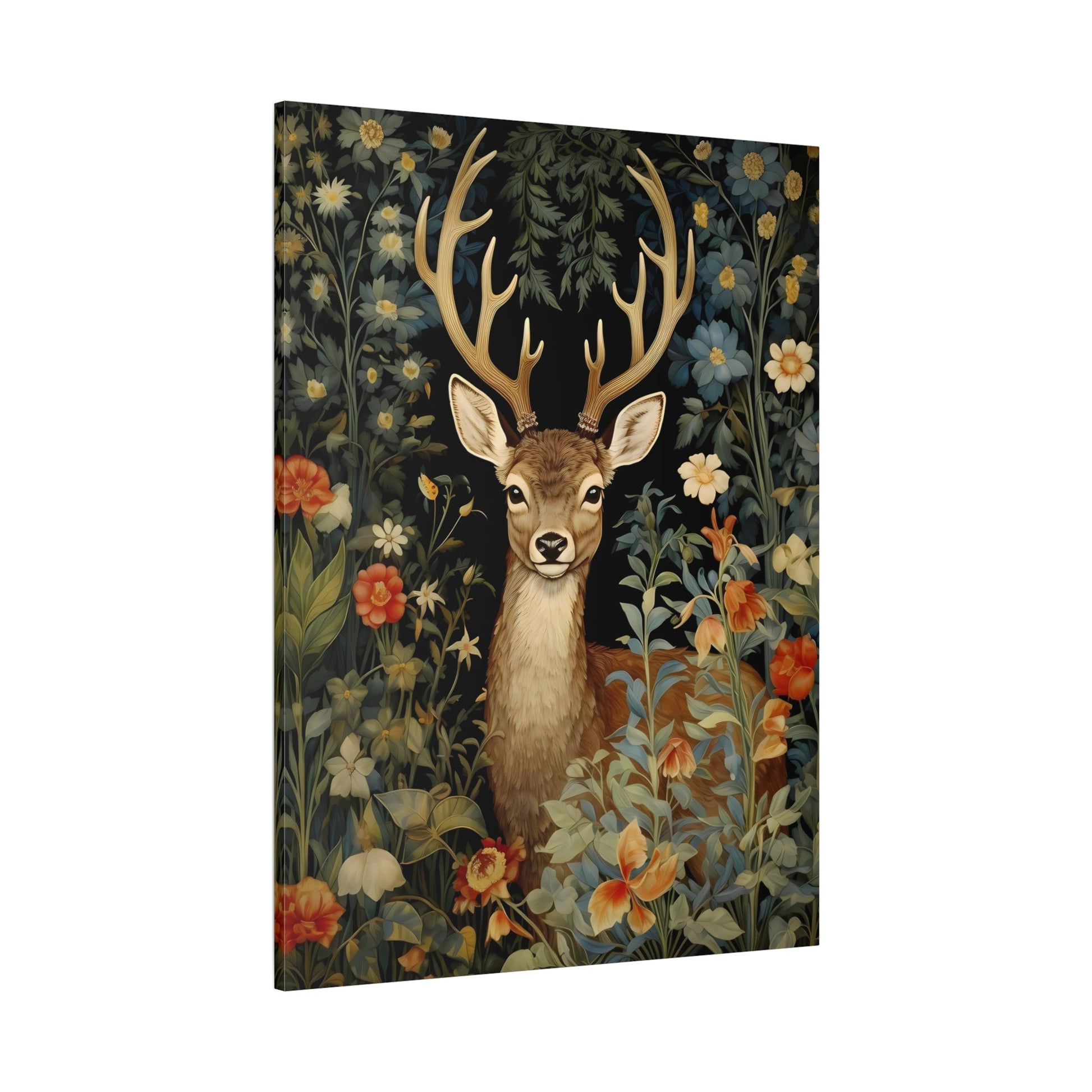 Deer in Floral Nature Forest Canvas Print - Framed Animal Wall Art Painting