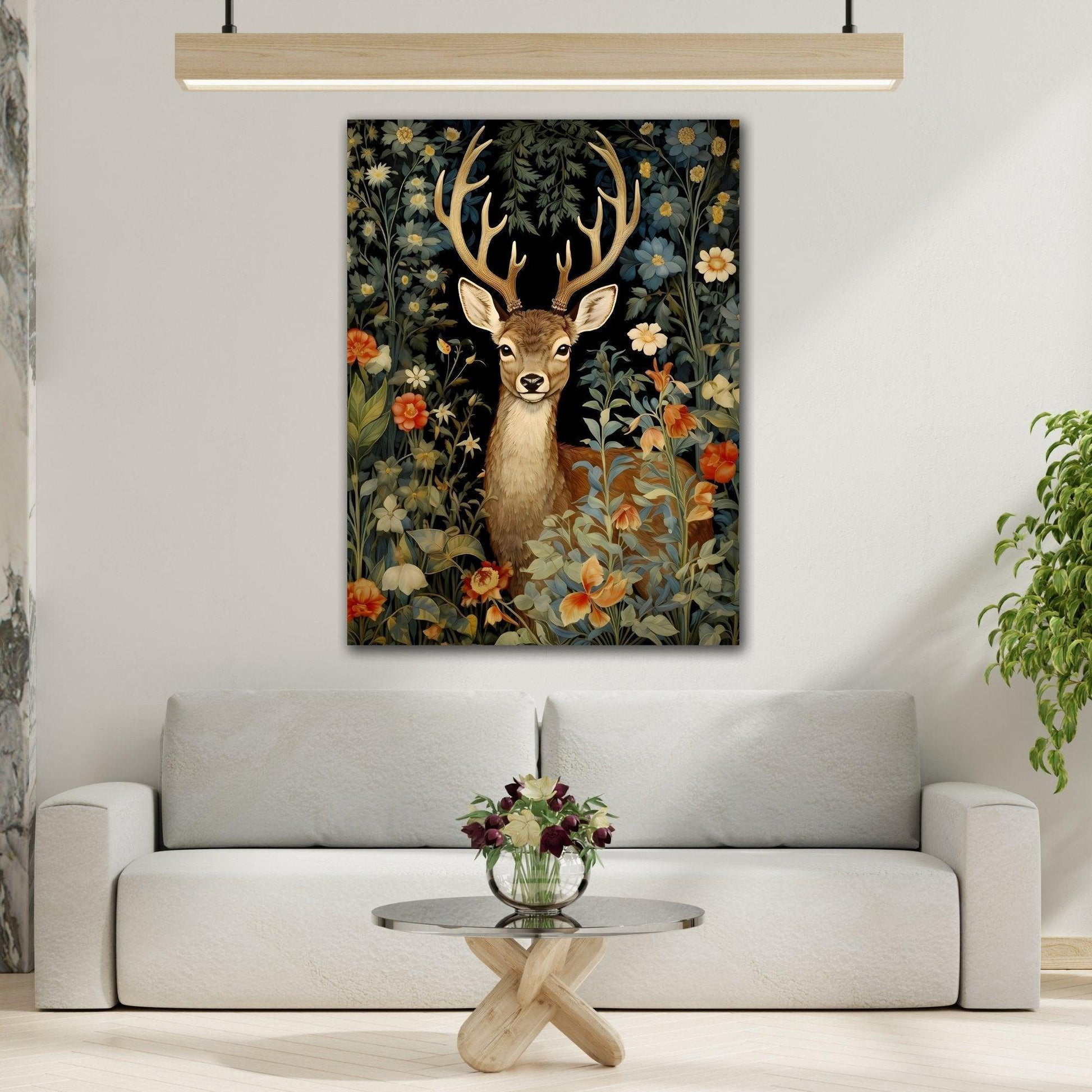 Deer in Floral Nature Forest Canvas Print - Framed Animal Wall Art Painting