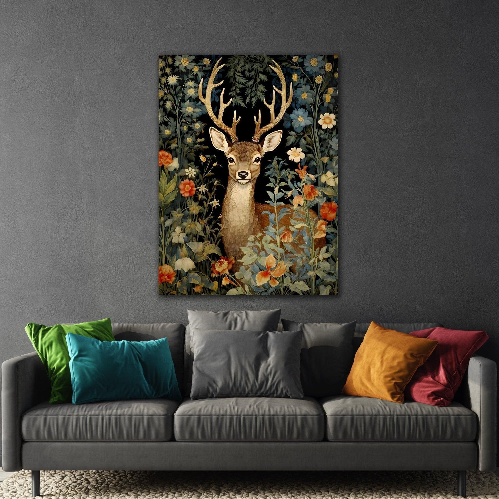 Deer in Floral Nature Forest Canvas Print - Framed Animal Wall Art Painting
