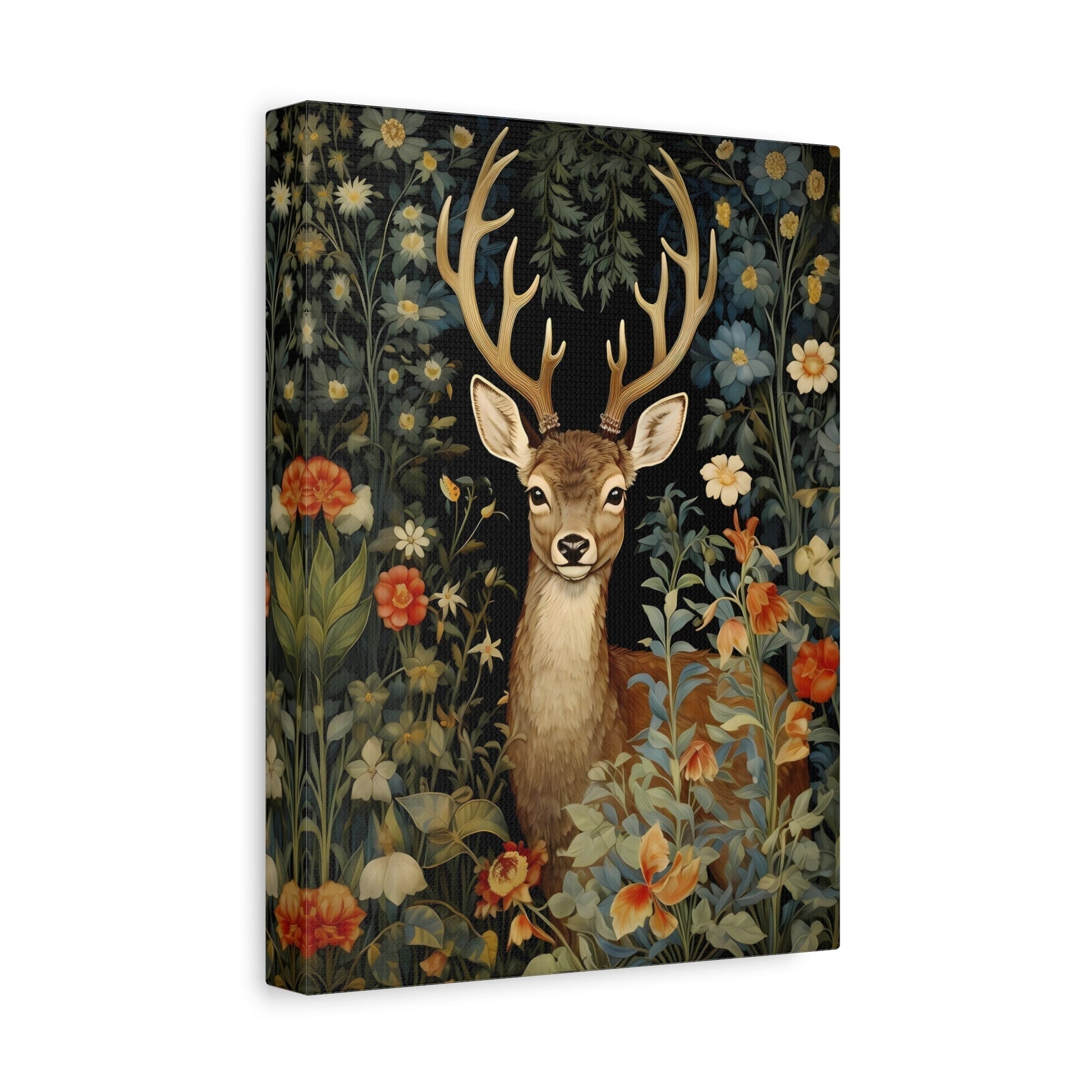 Deer in Floral Nature Forest - Framed Animal Canvas Wall Art Painting Prints