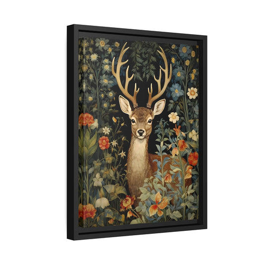 Deer in Floral Nature Forest - Framed Animal Canvas Wall Art Painting Prints in Pinewood Frame