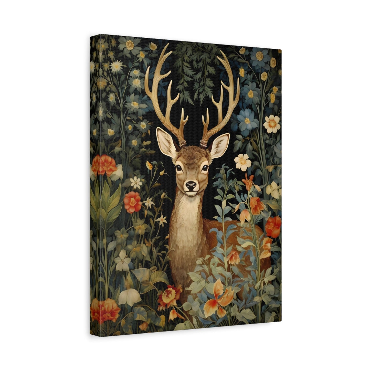 Deer in Floral Nature Forest - Framed Animal Canvas Wall Art Painting Prints