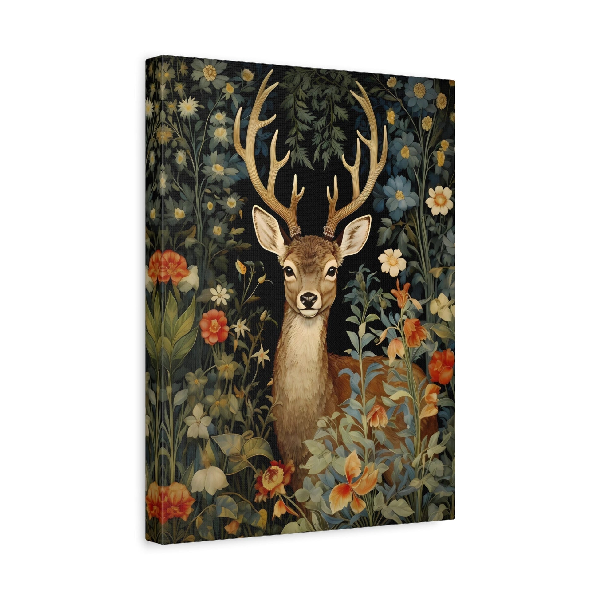 Deer in Floral Nature Forest - Framed Animal Canvas Wall Art Painting Prints