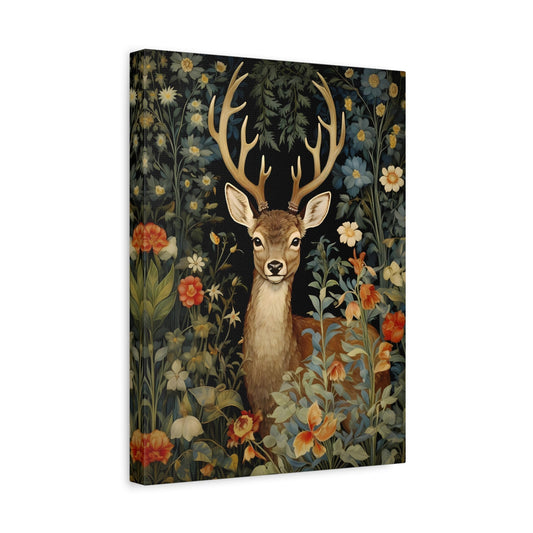 Deer in Floral Nature Forest - Framed Animal Canvas Wall Art Painting Prints