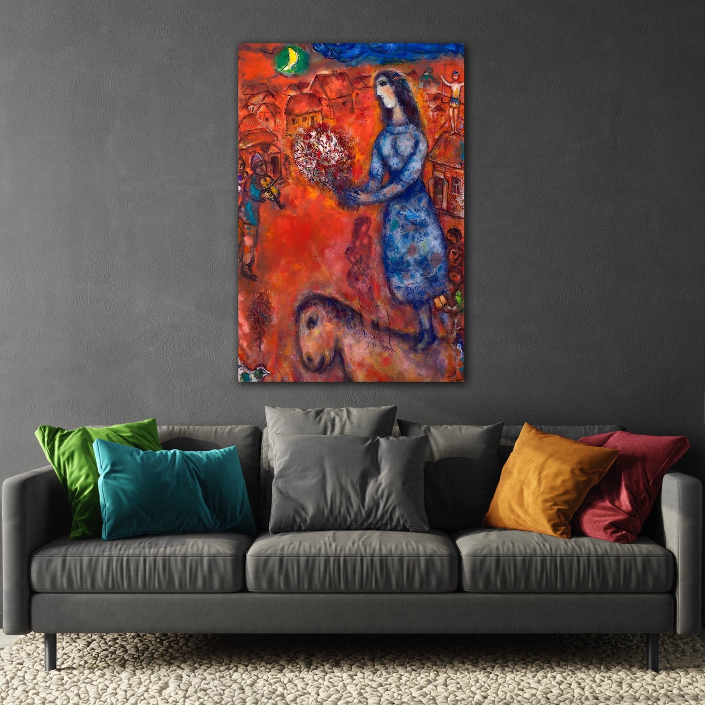 Famous Artist Painting Reproduction Bride with Bouquet - Red Canvas Wall Art Chagall Print