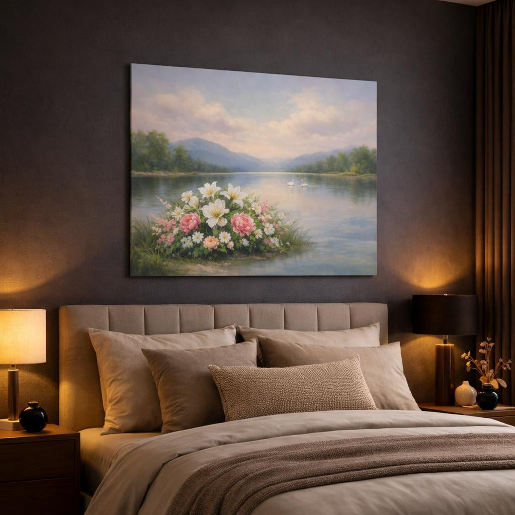 Floral Peaceful Lake Flowers Nature - Canvas Wall Art Print in luxury bedroom