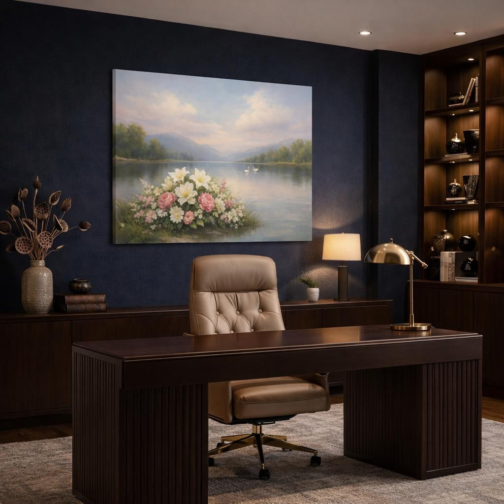 Floral Peaceful Lake Flowers Nature - Canvas Wall Art Print in executive office