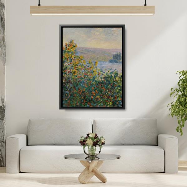 Flower Beds Vetheuil - Framed Monet Canvas Wall Art Reproduction Prints