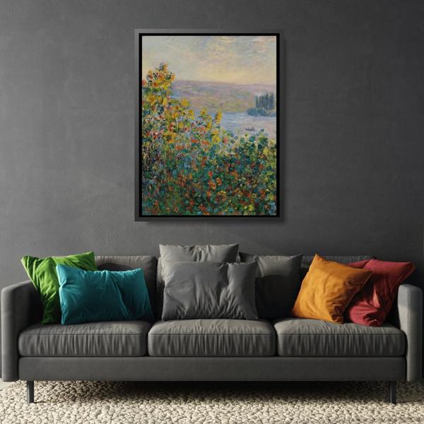 Flower Beds Vetheuil - Framed Monet Canvas Wall Art Reproduction Prints