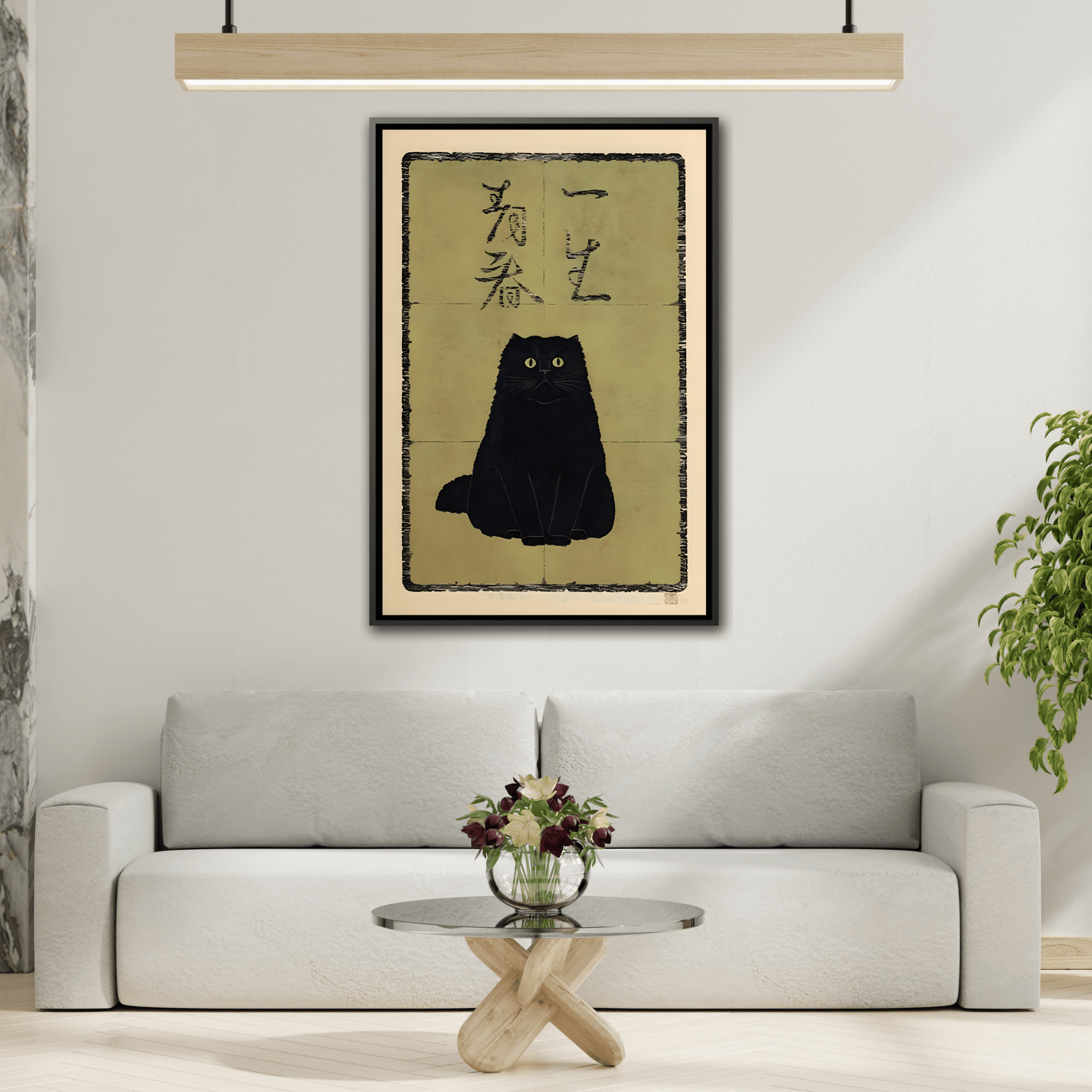 Framed Japanese Cat Canvas Prints, Animal Oriental Wall Art Decor