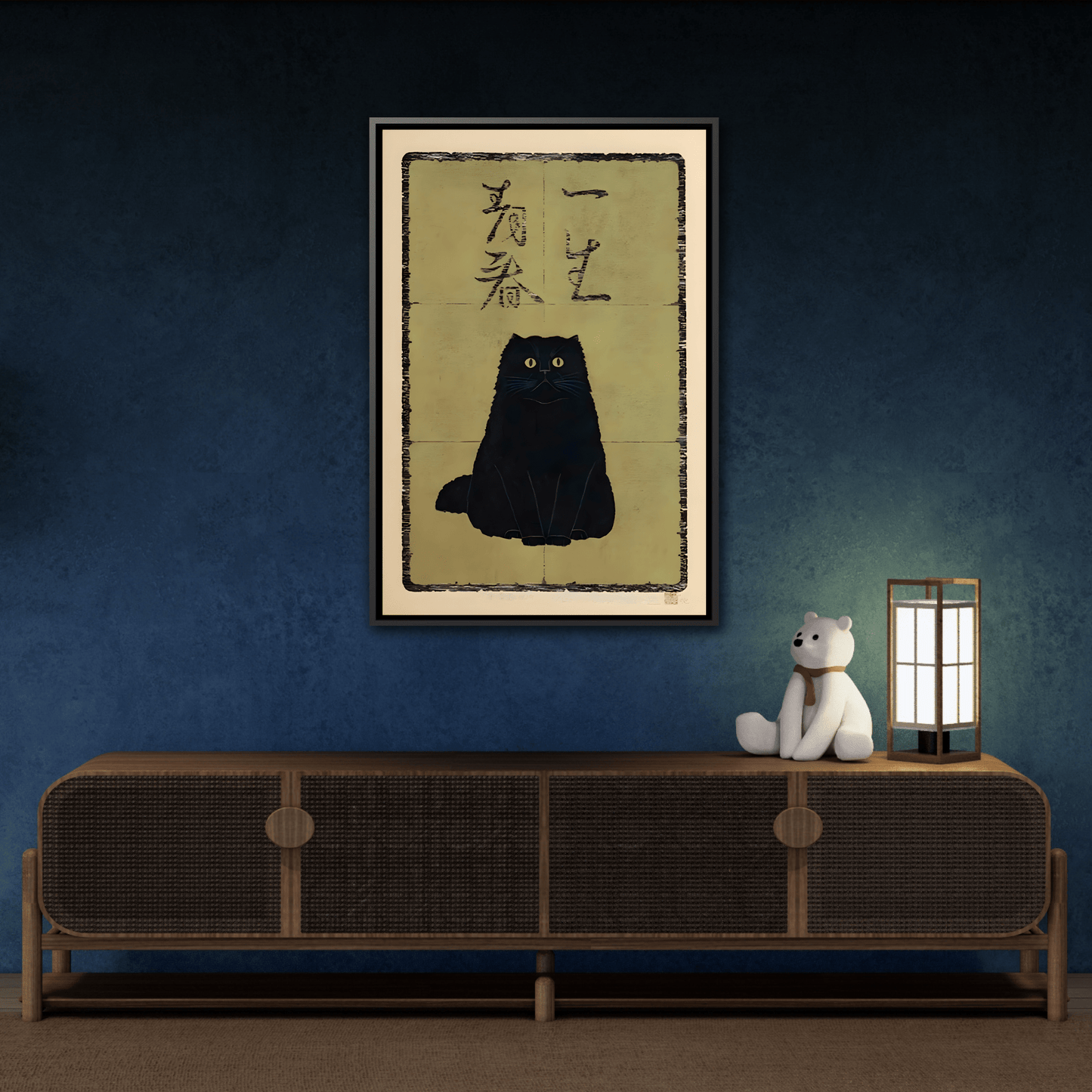 Framed Japanese Cat Canvas Prints, Animal Oriental Wall Art Decor