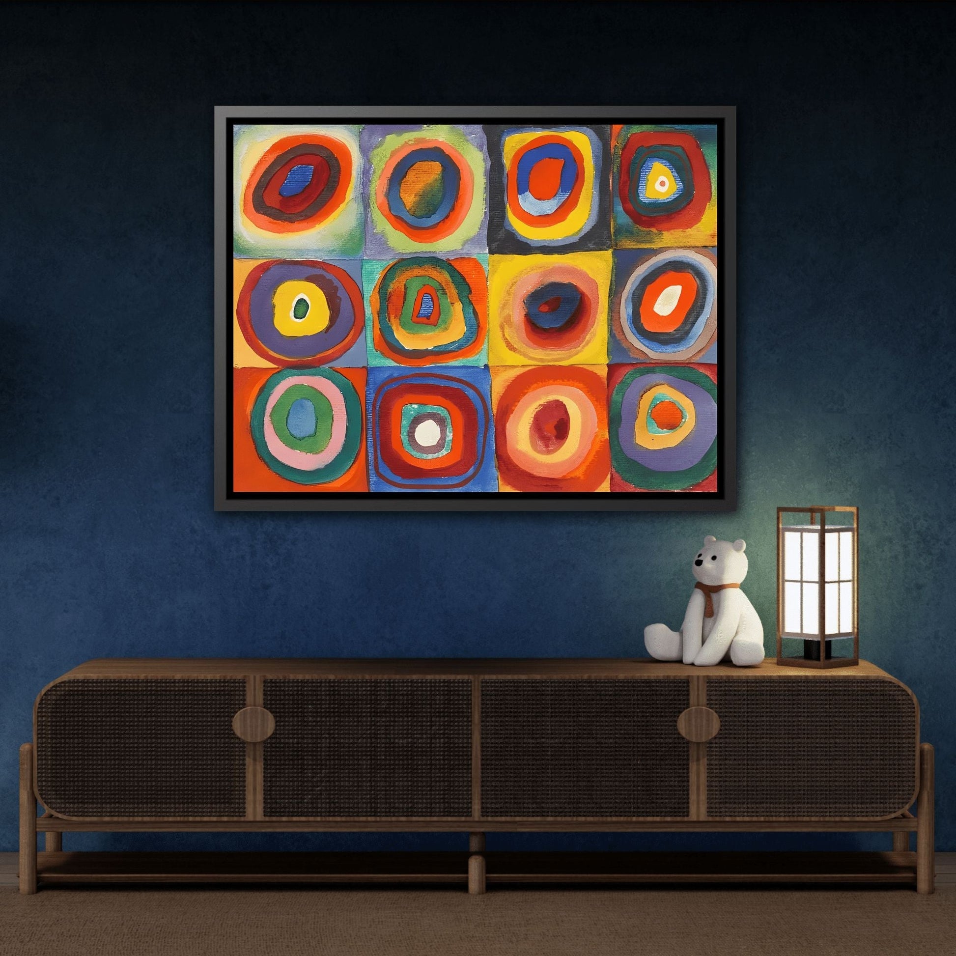 Framed Modern Abstract Kandinsky Canvas Wall Art Reproduction - Contemporary Home Decor Color Squares with Circles