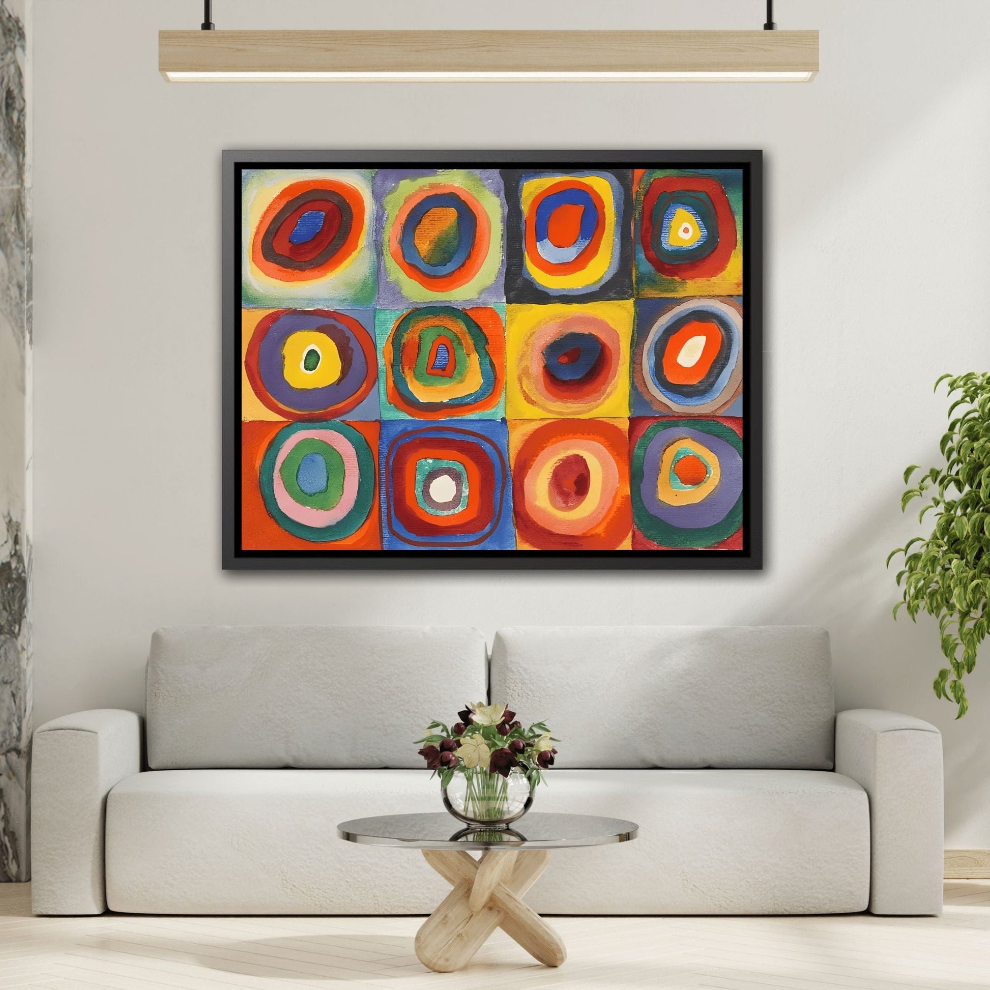 Framed Modern Abstract Kandinsky Canvas Wall Art Reproduction - Contemporary Home Decor Color Squares with Circles