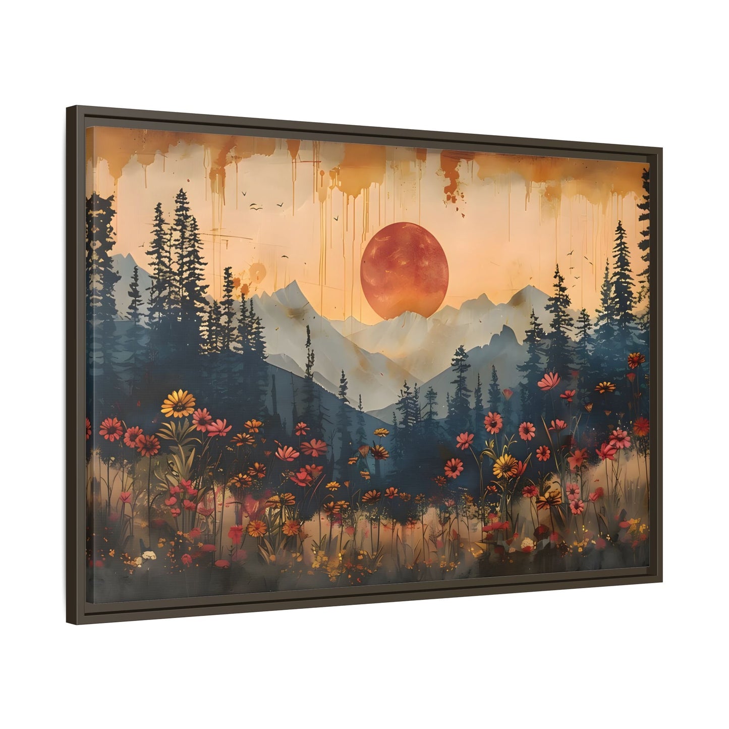 Framed Rustic Moonlit Pine Tree Woodland Canvas, Moon Wildflower Wall Art Print