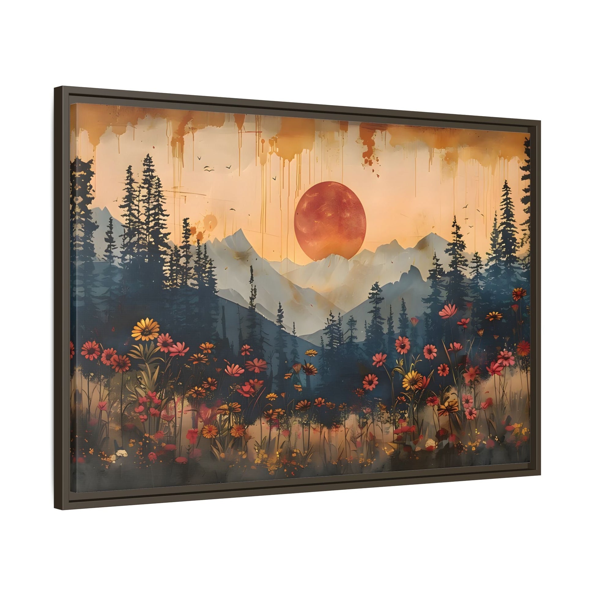 Framed Rustic Moonlit Pine Tree Woodland Canvas, Moon Wildflower Wall Art Print