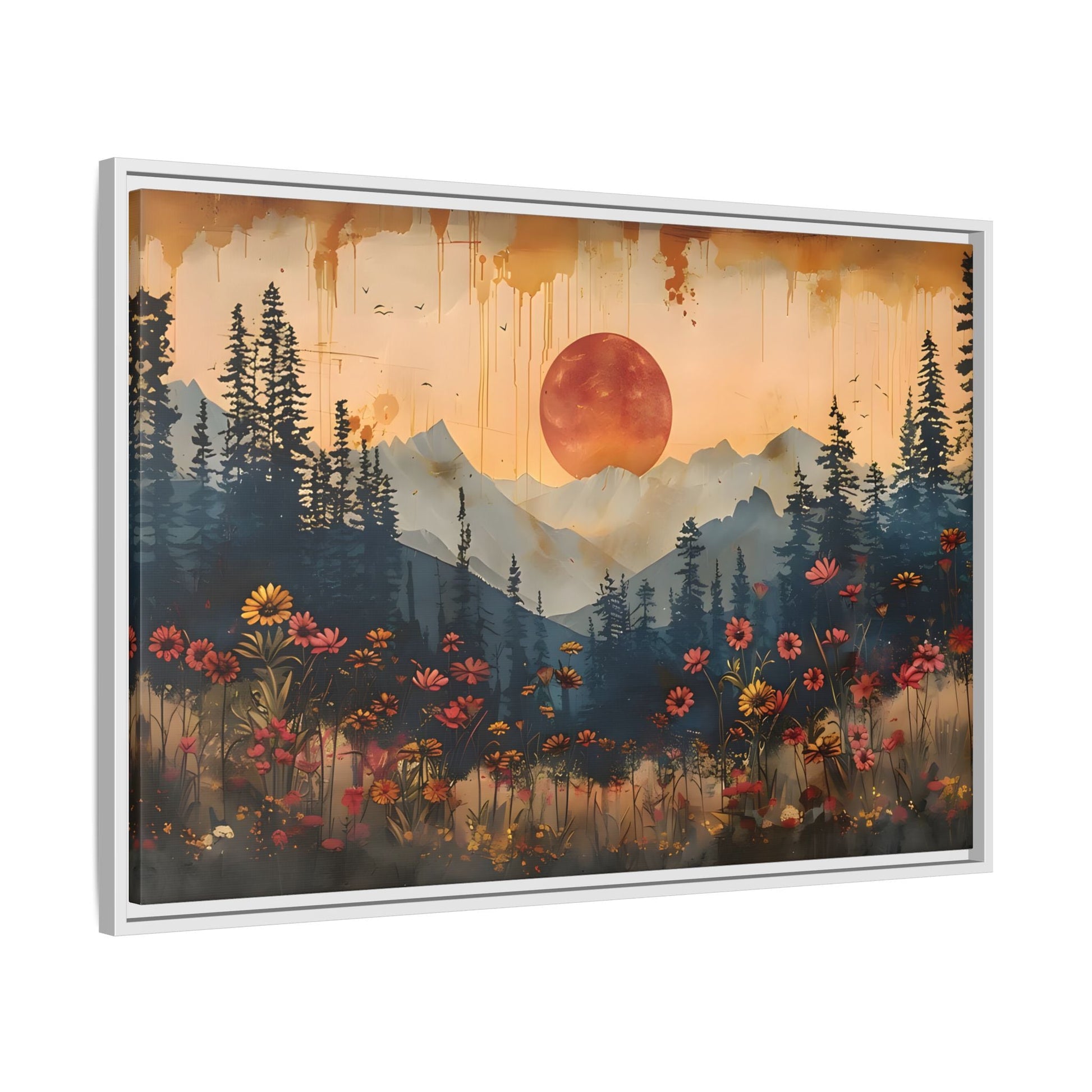 Framed Rustic Moonlit Pine Tree Woodland Canvas, Moon Wildflower Wall Art Print