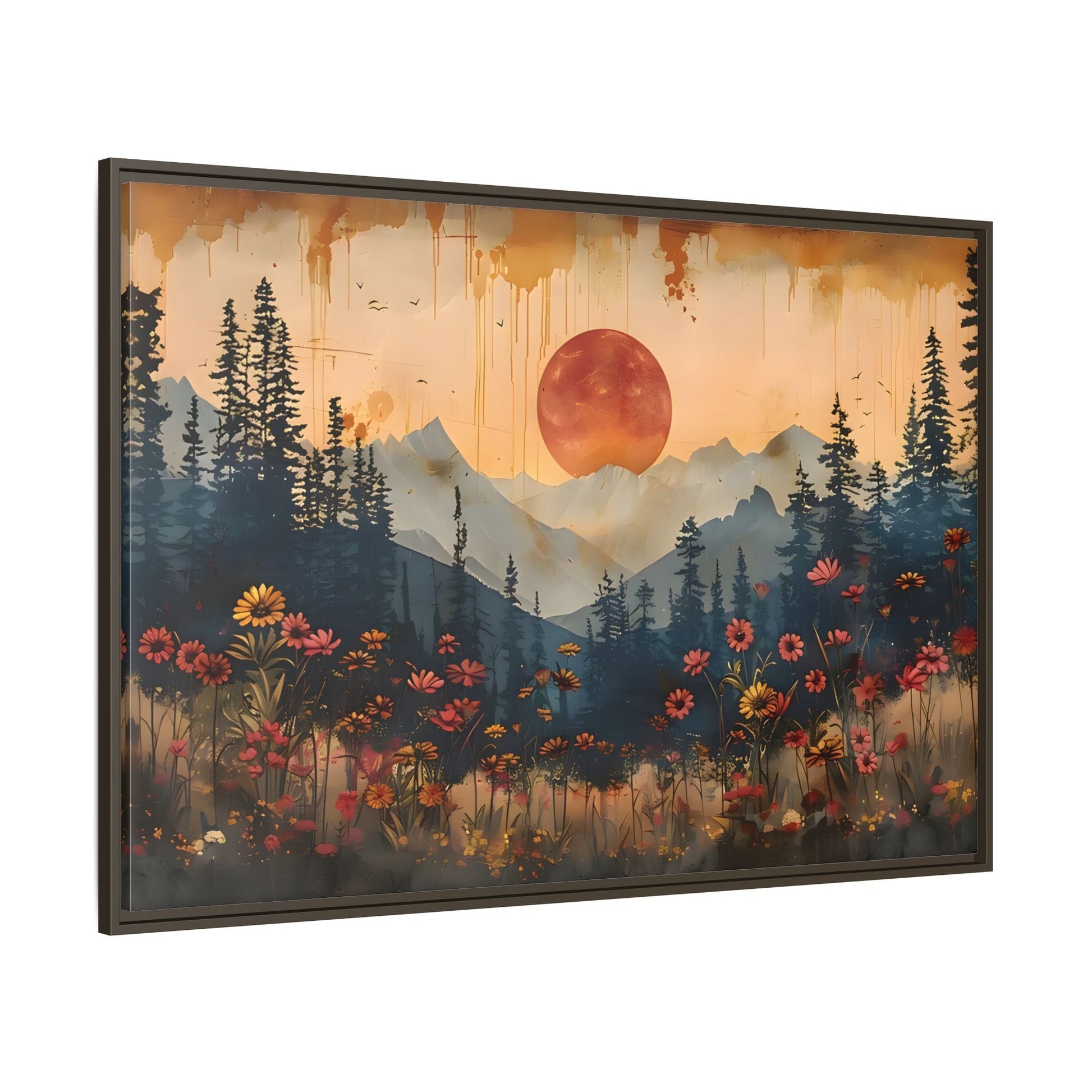 Framed Rustic Moonlit Pine Tree Woodland Canvas, Moon Wildflower Wall Art Print