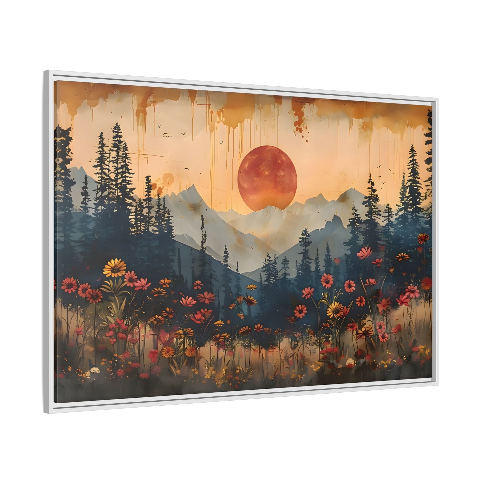 Framed Rustic Moonlit Pine Tree Woodland Canvas, Moon Wildflower Wall Art Print